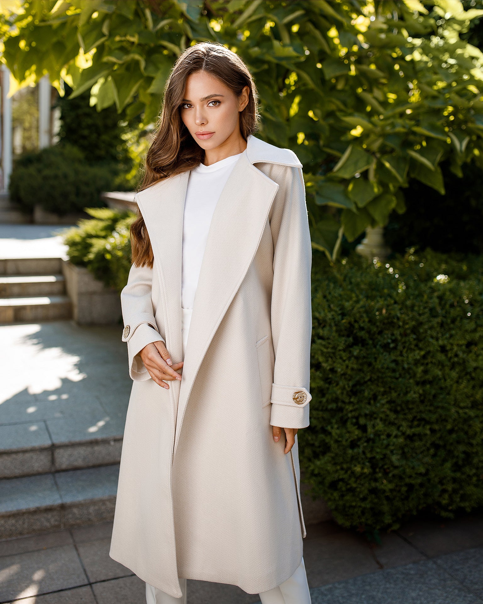 Casual Milky-White Wool Belted Coat