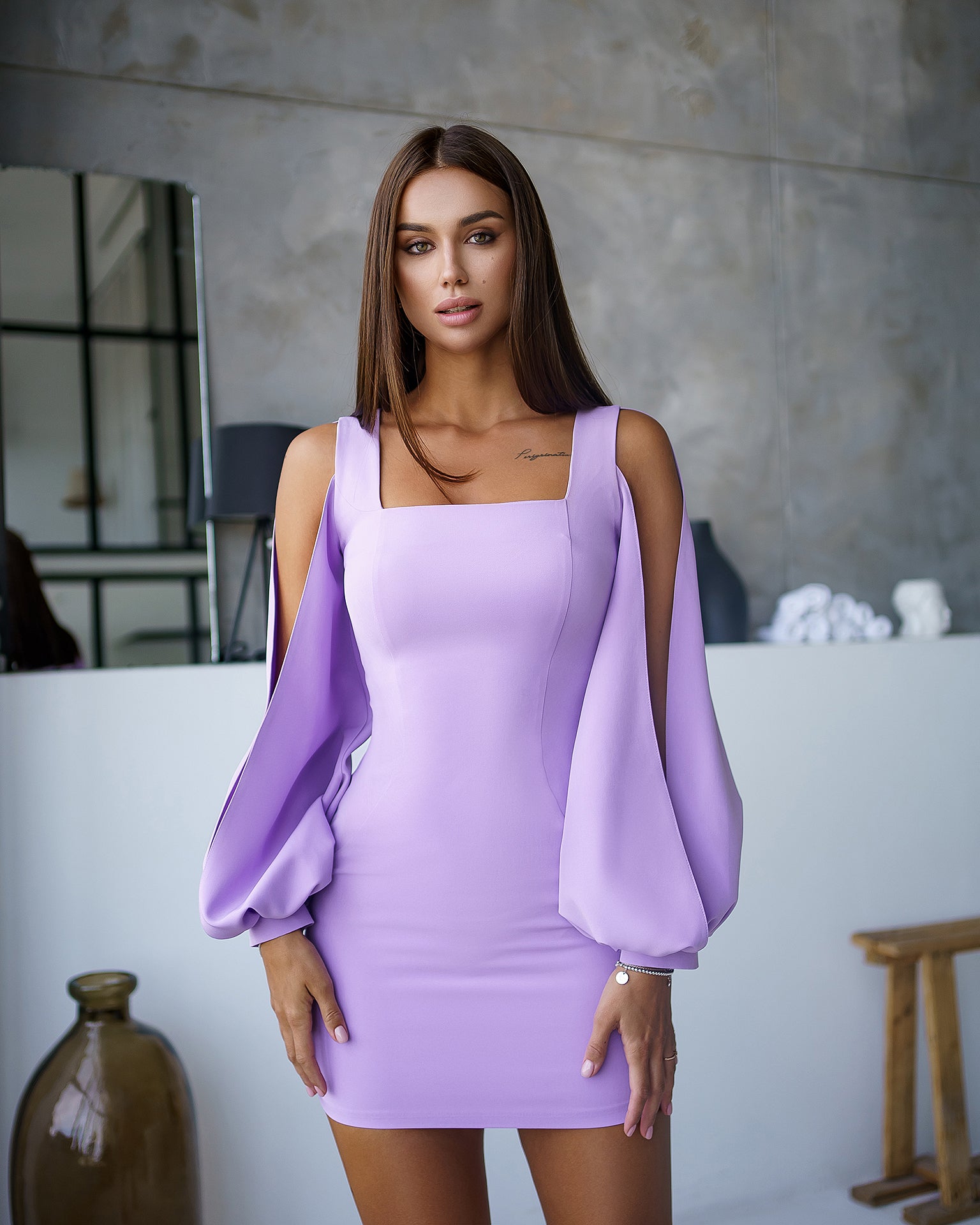 Lavender Square Neck Сut-Out Sleeve Mini Dress