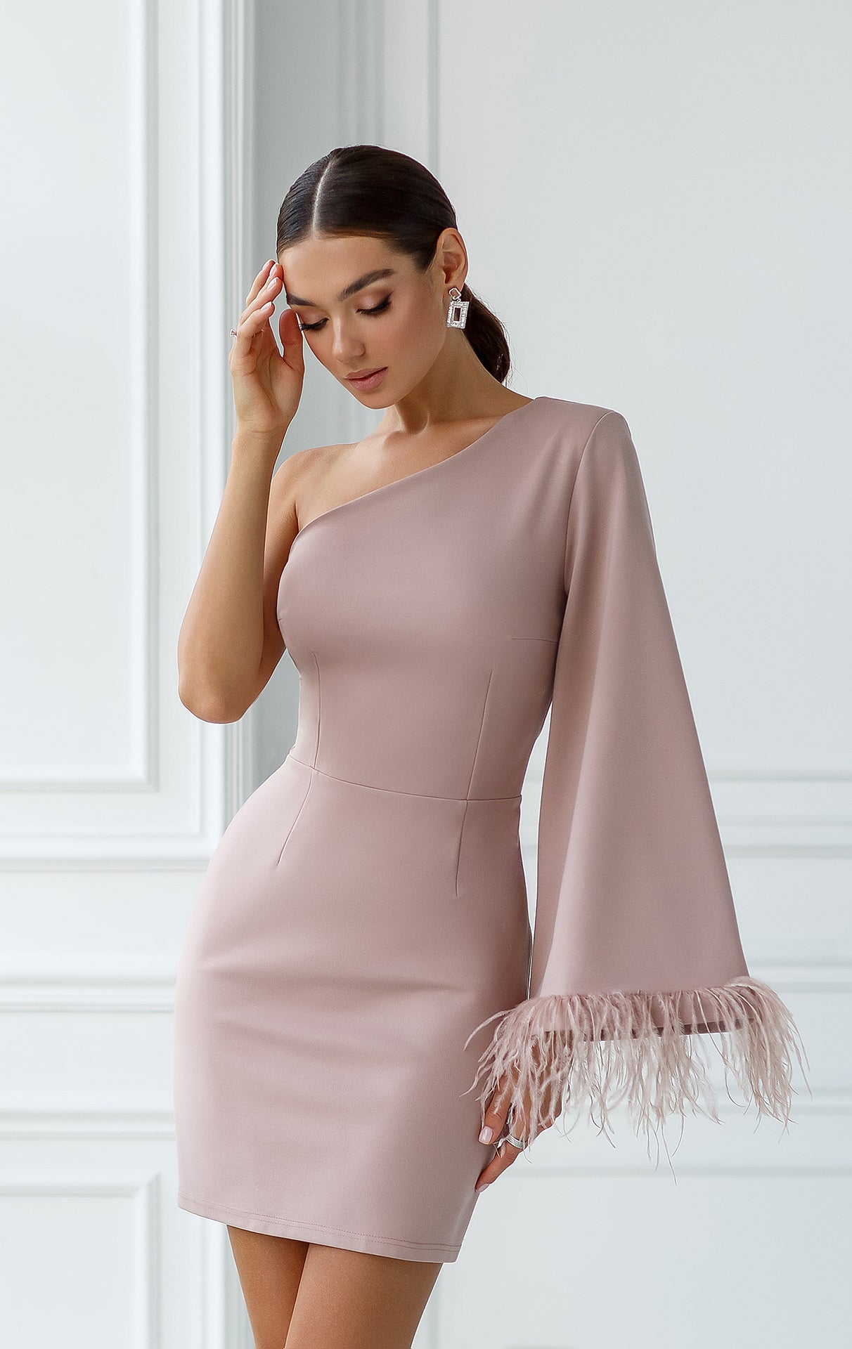 Beige One-Shoulder Feather Sleeve Mini Dress