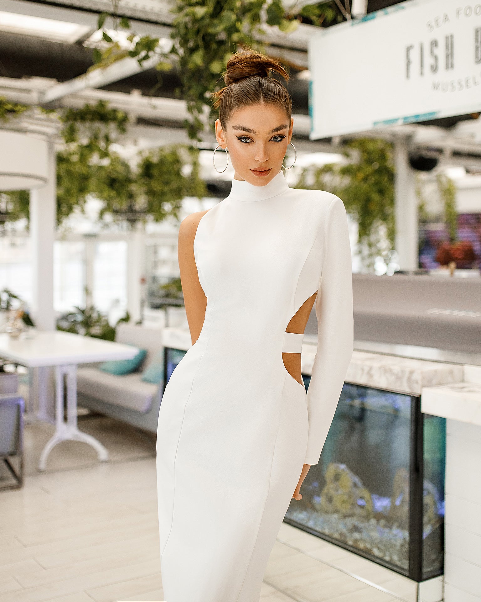 White One-Shoulder Cut-Out Midi Dress