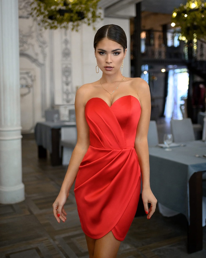 Red Satin Strapless Mini Dress