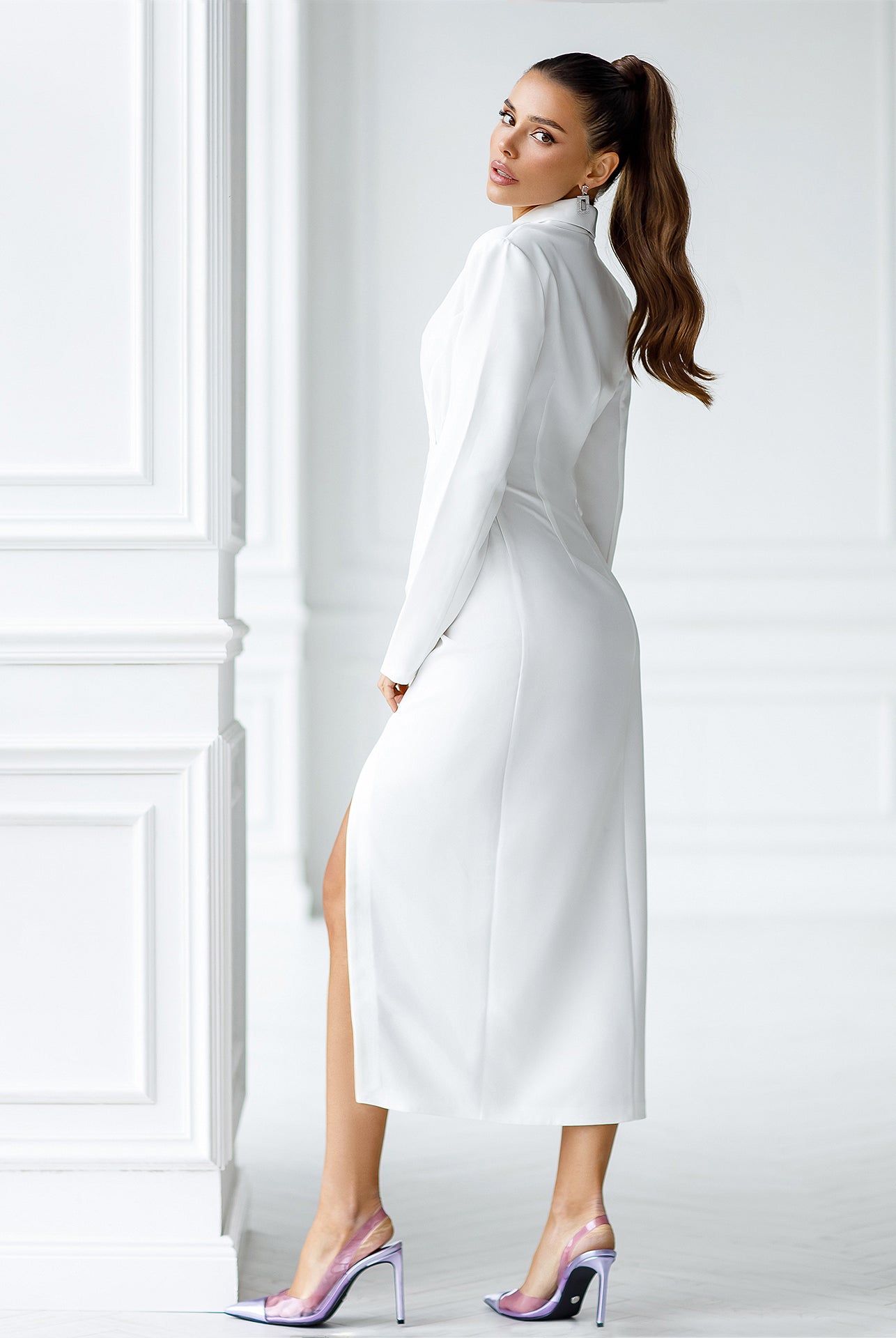 White Collared Wrap Midi Dress