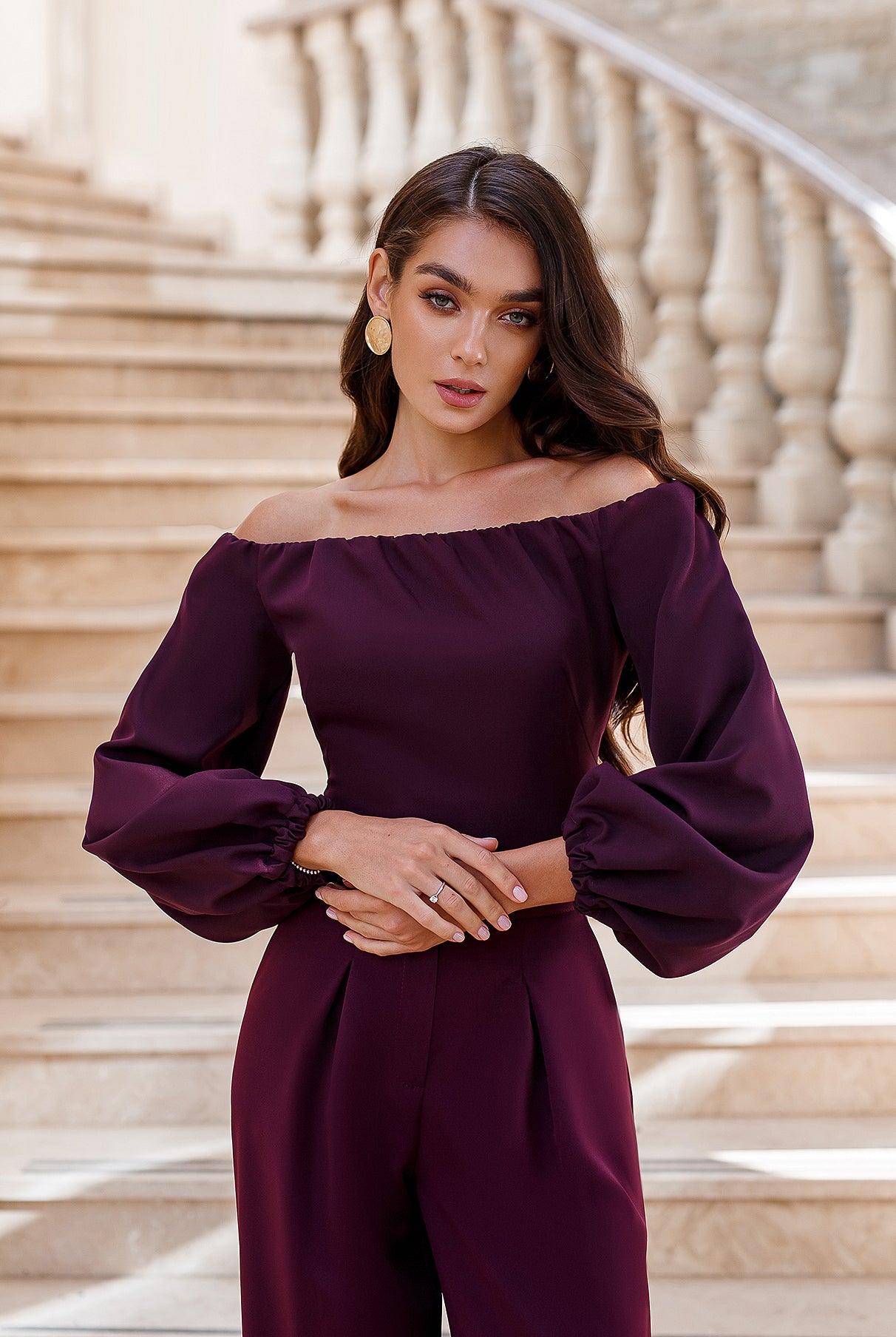Bordeaux Off-The-Shoulder Puff-Sleeve Top