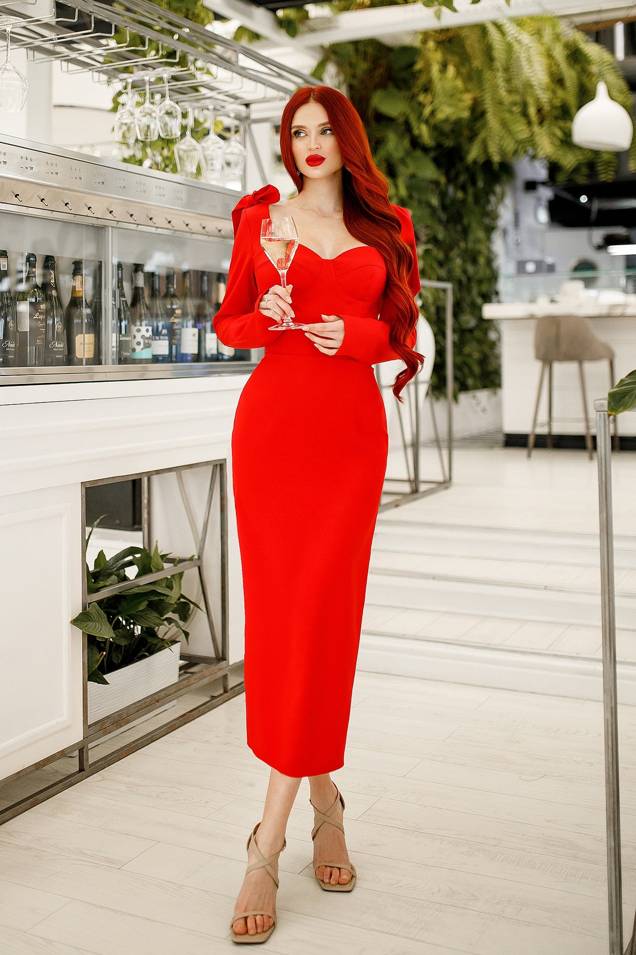 Red Sweetheart Bow Shoulder Midi Dress