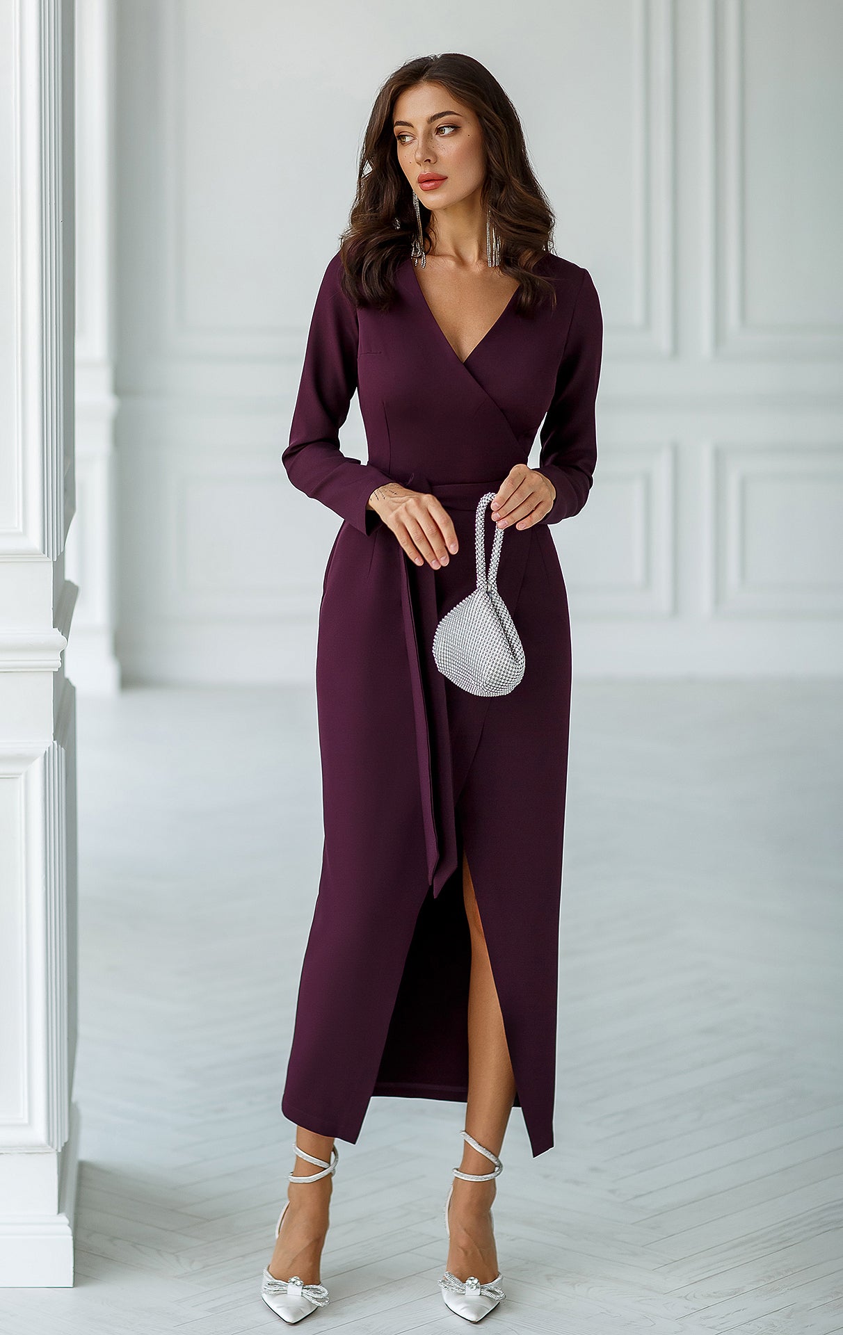 Plum Wrap Long Sleeve Collarless Maxi Dress