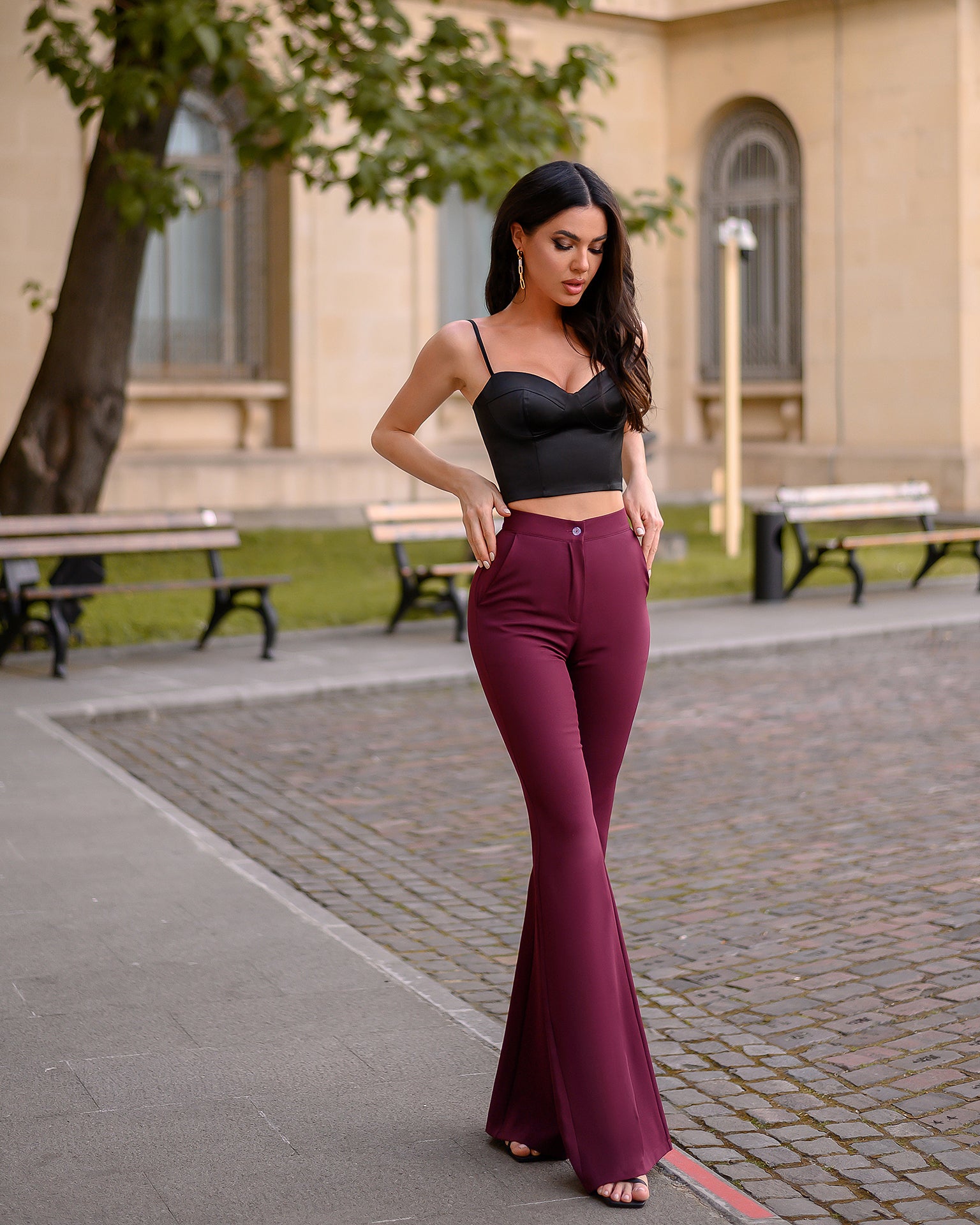 Bordeaux High Waist Fitted Flared Pants