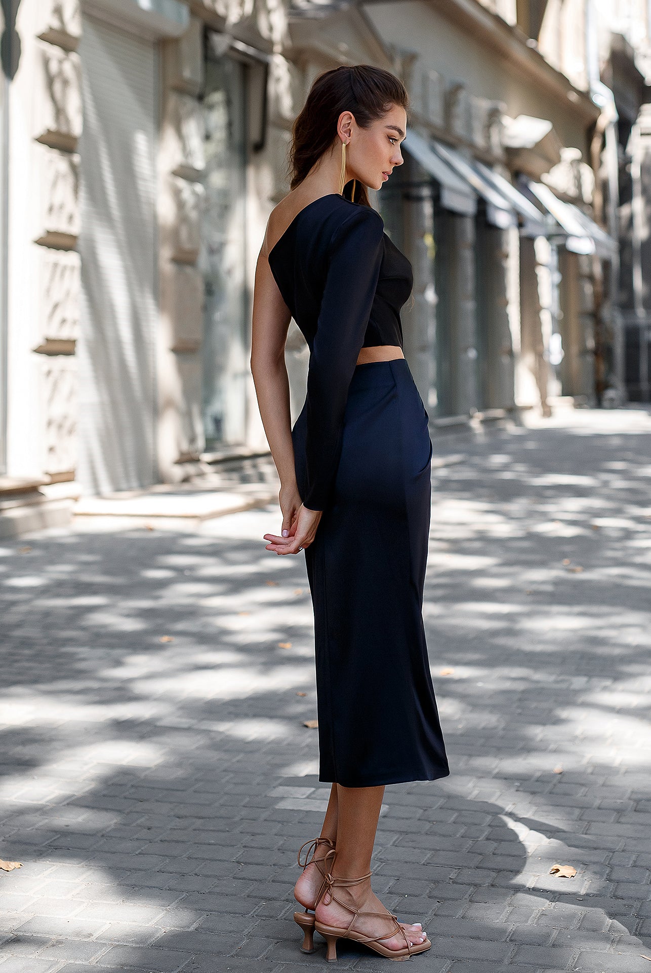 Black Satin One-Shoulder Cut-Out Midi Dress