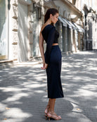 Black Satin One-Shoulder Cut-Out Midi Dress