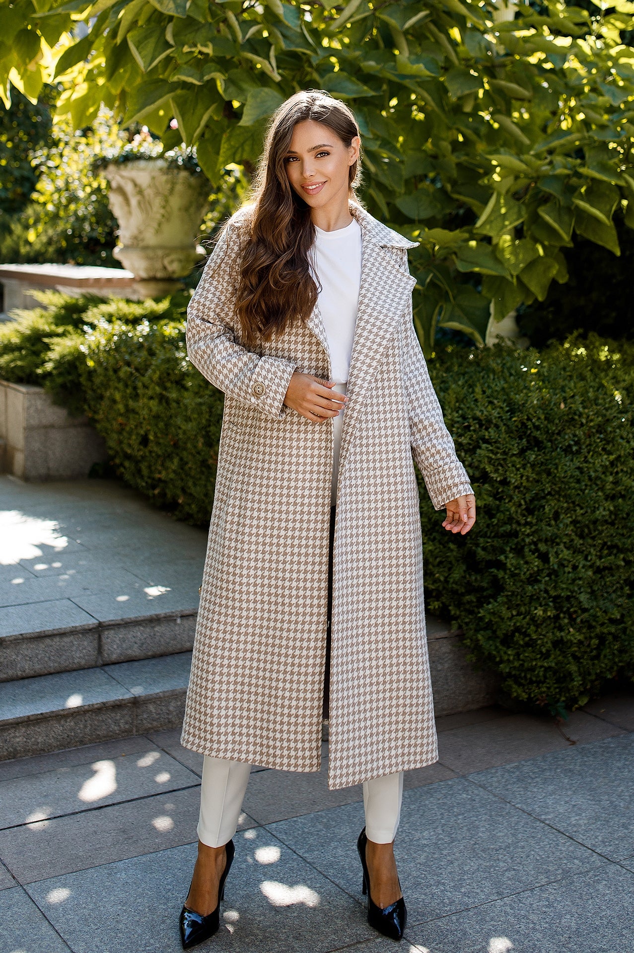 Casual Beige Checked Belted Coat