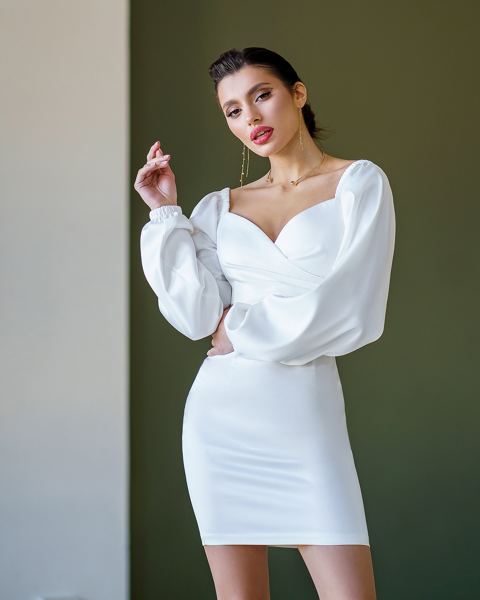 White Satin Puff-Sleeve Mini Dress