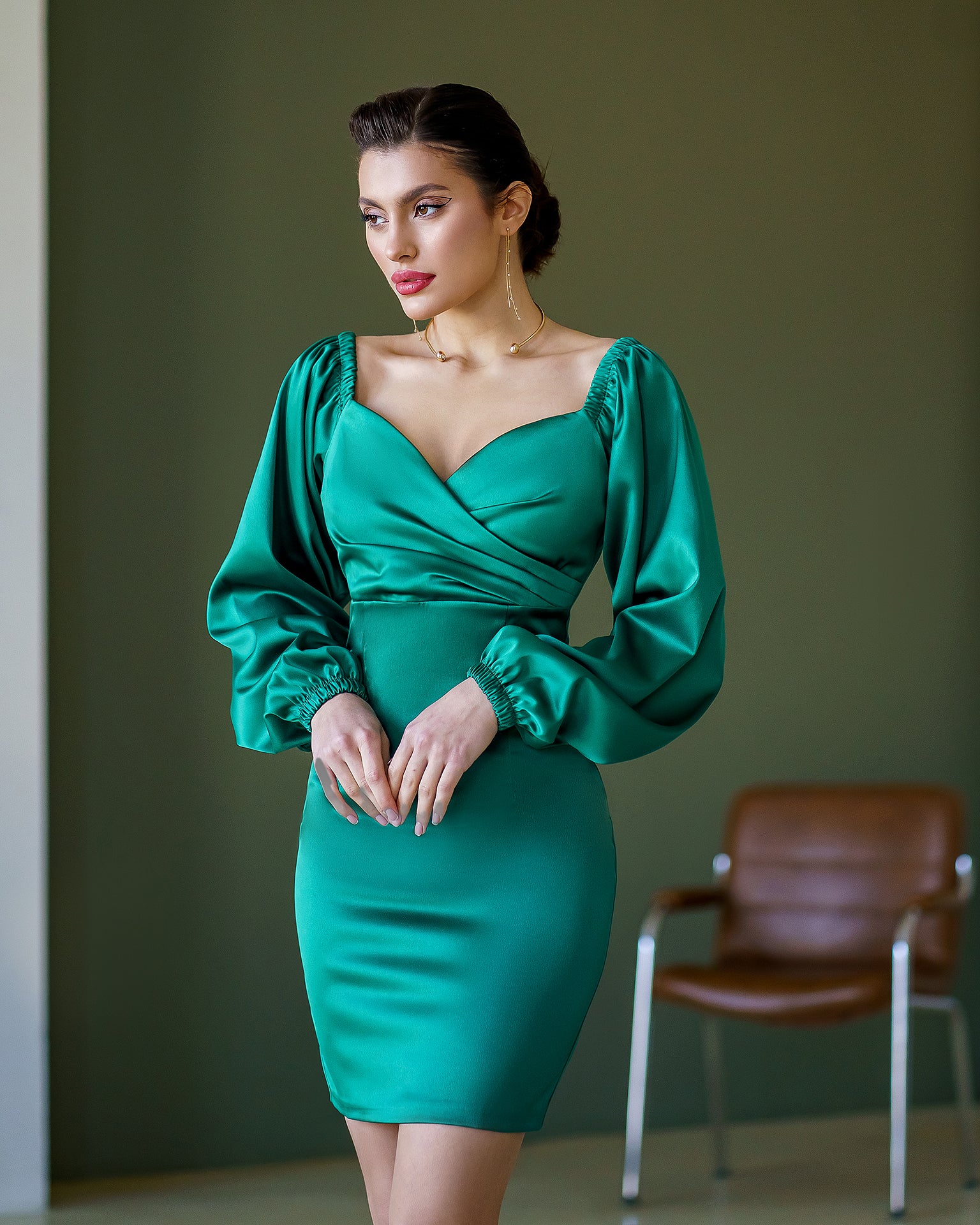 Emerald Satin Puff-Sleeve Mini Dress