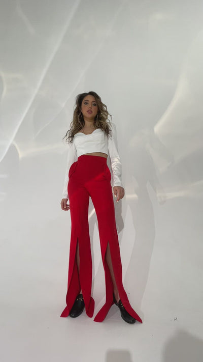 Red High Waist Slit Pants