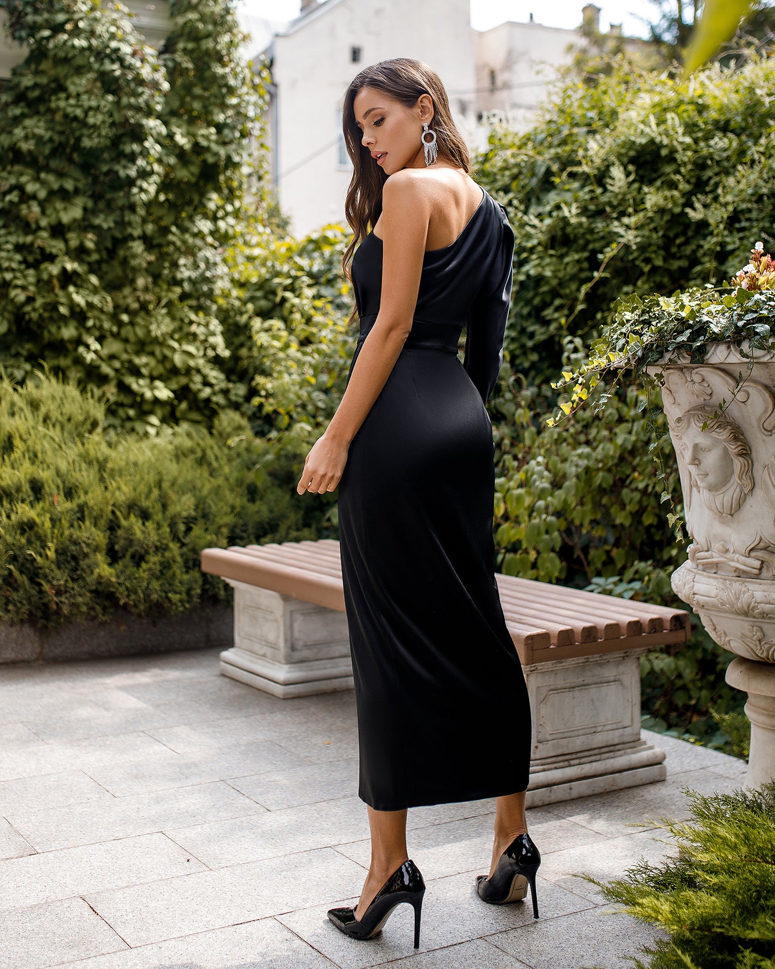 Black One-Shoulder Satin Midi Dress