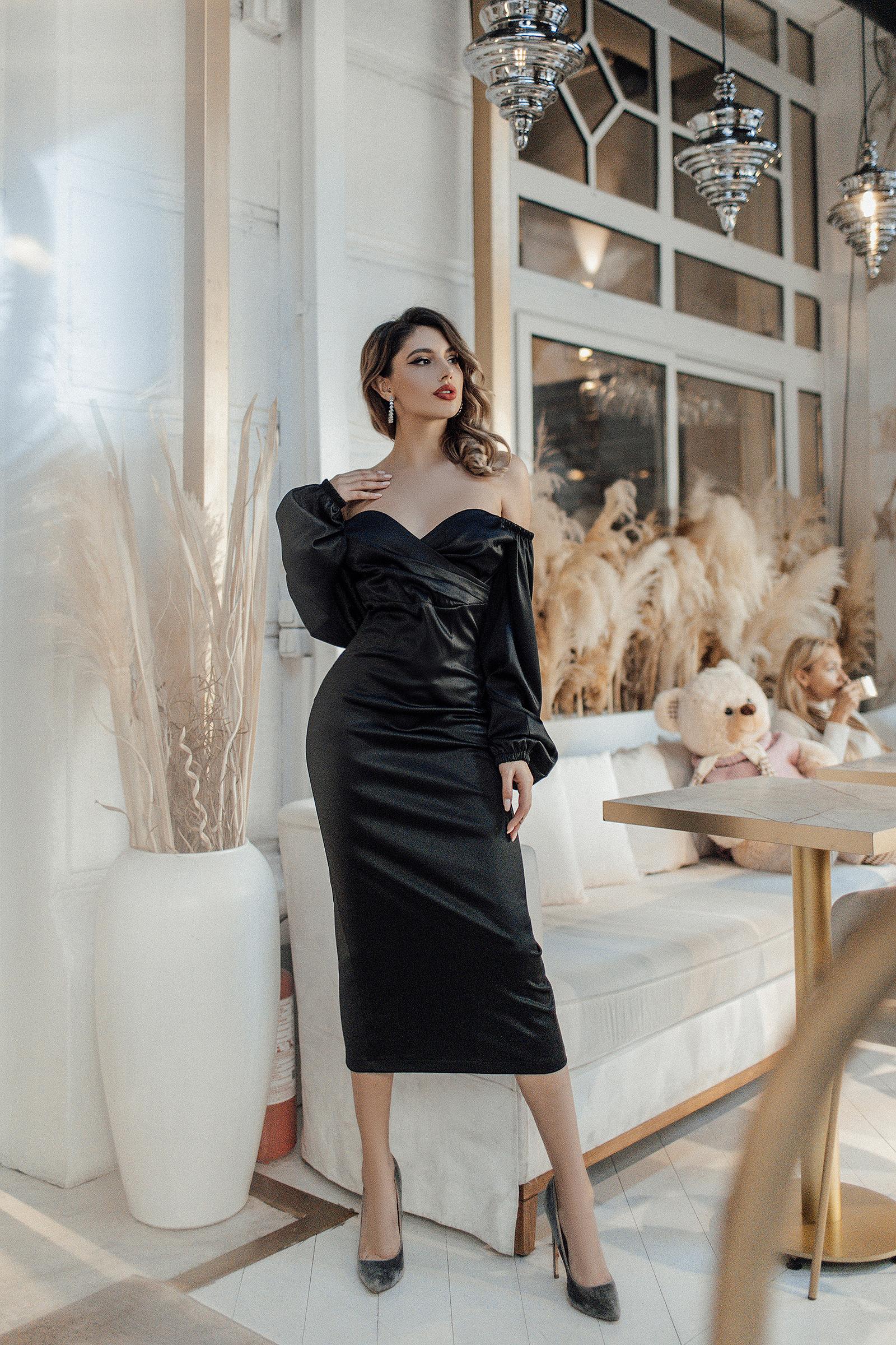 Black Satin Puff-Sleeve Midi Dress