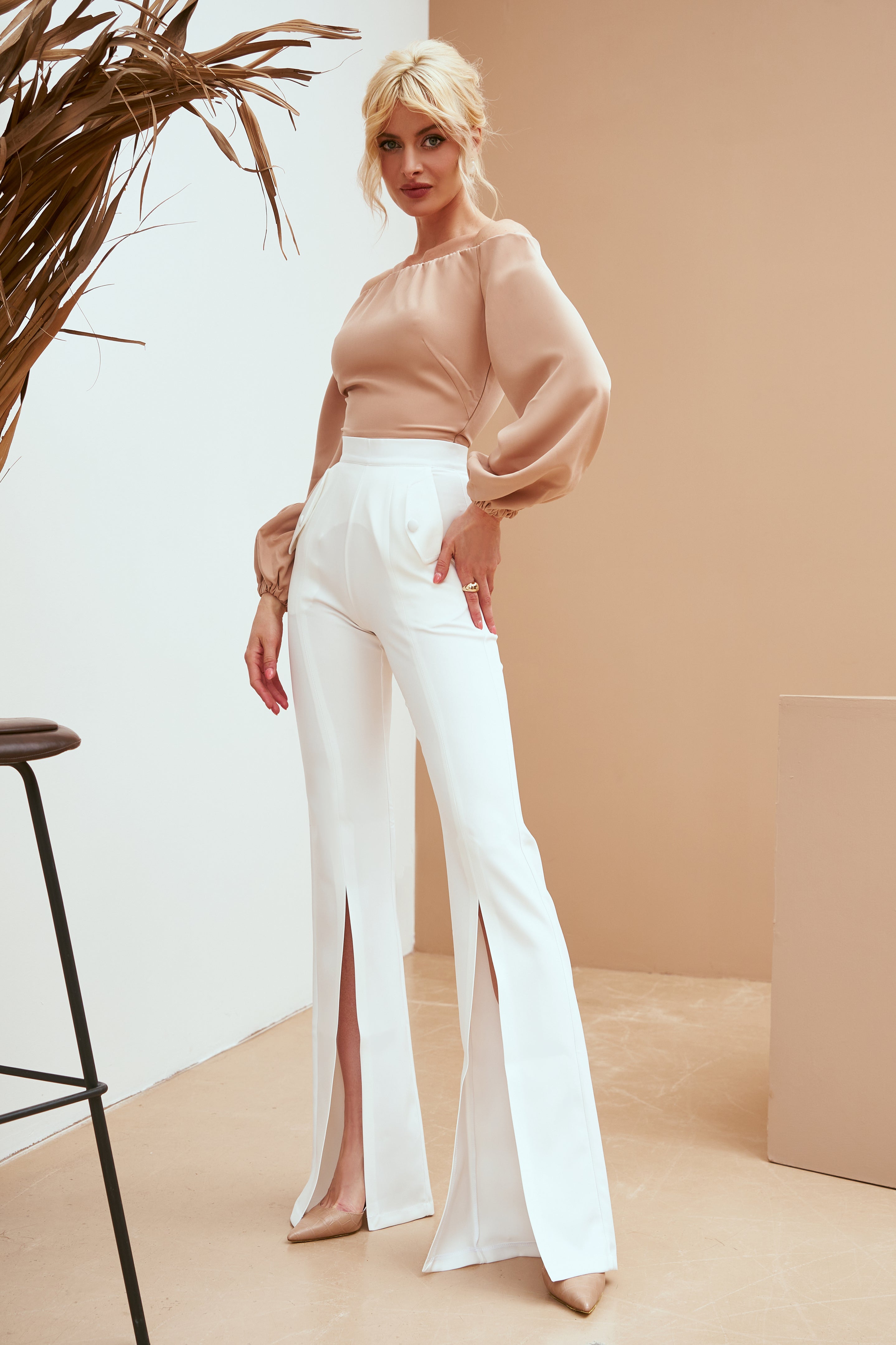 White High Waist Slit Pants