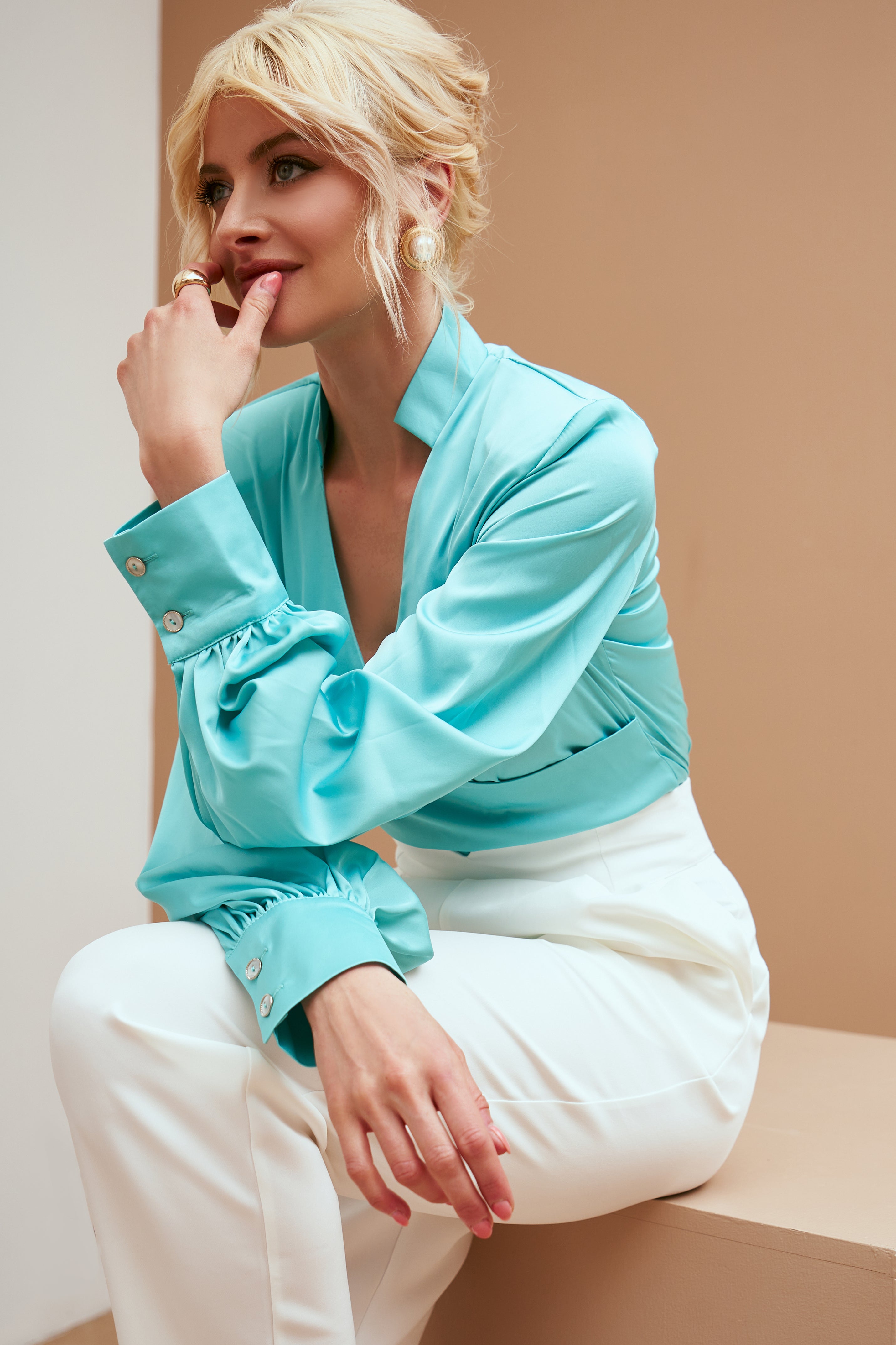 Tiffany-Blue Silk Puff-Sleeve Wrap Blouse