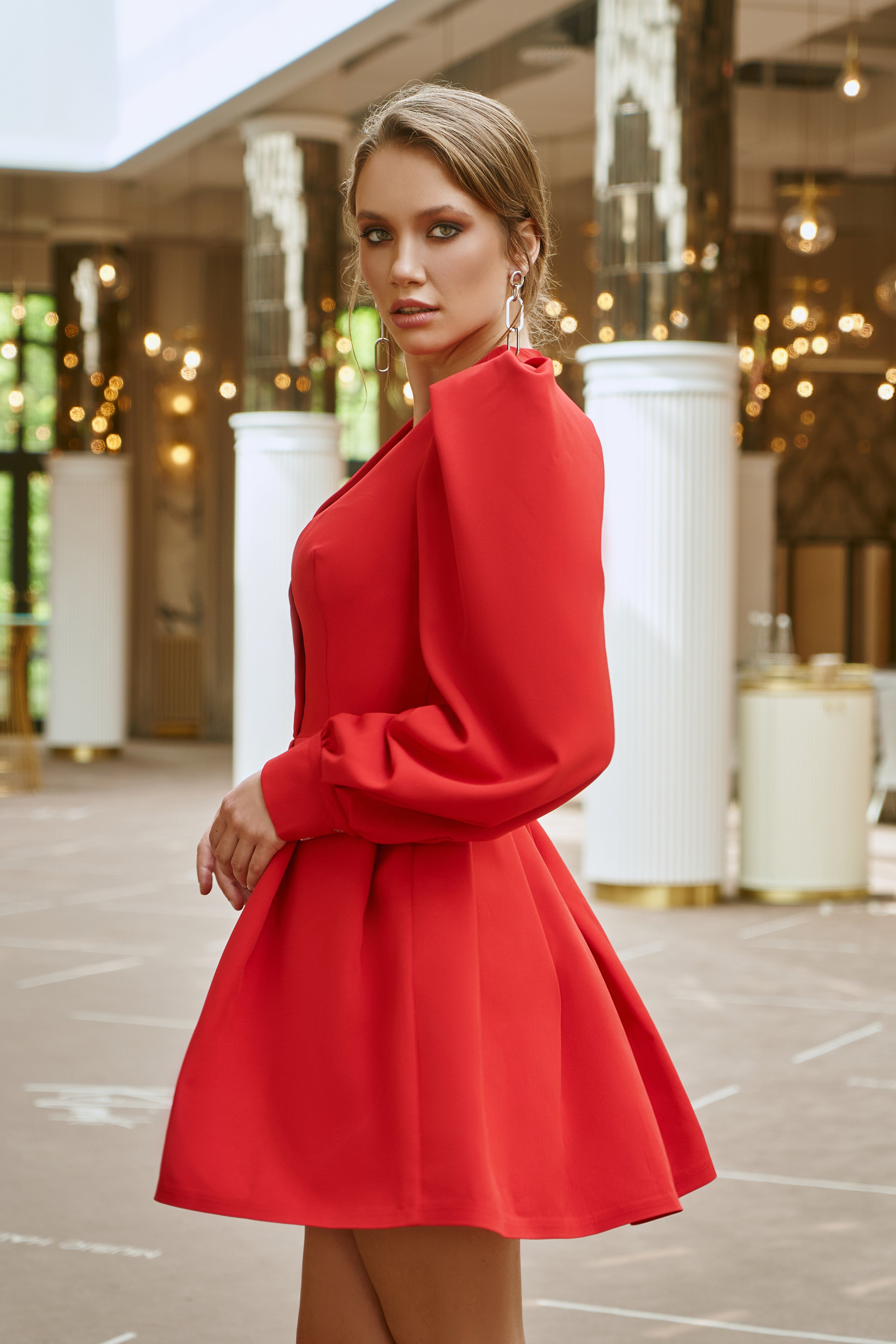 Red Puff-Sleeve V-Neck Mini Dress – ELAGIA