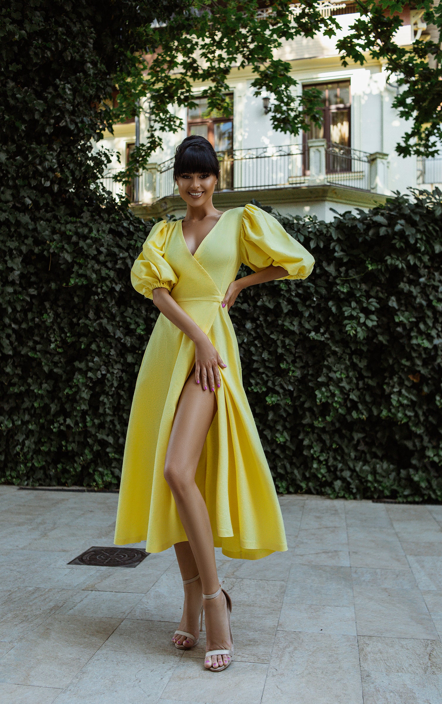 Yellow Puff-Sleeve Wrap Midi Dress