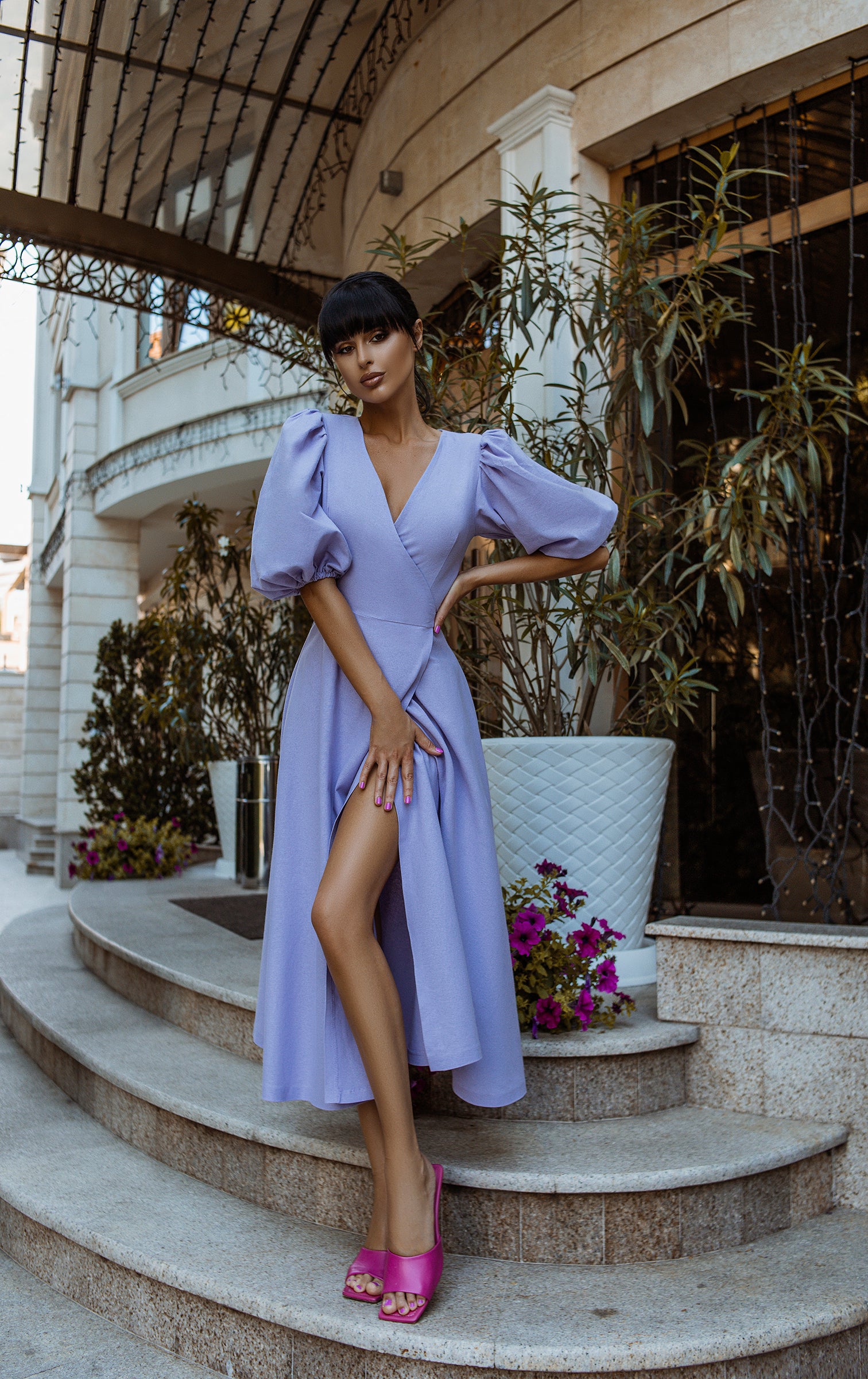 Lavender Puff-Sleeve Wrap Midi Dress