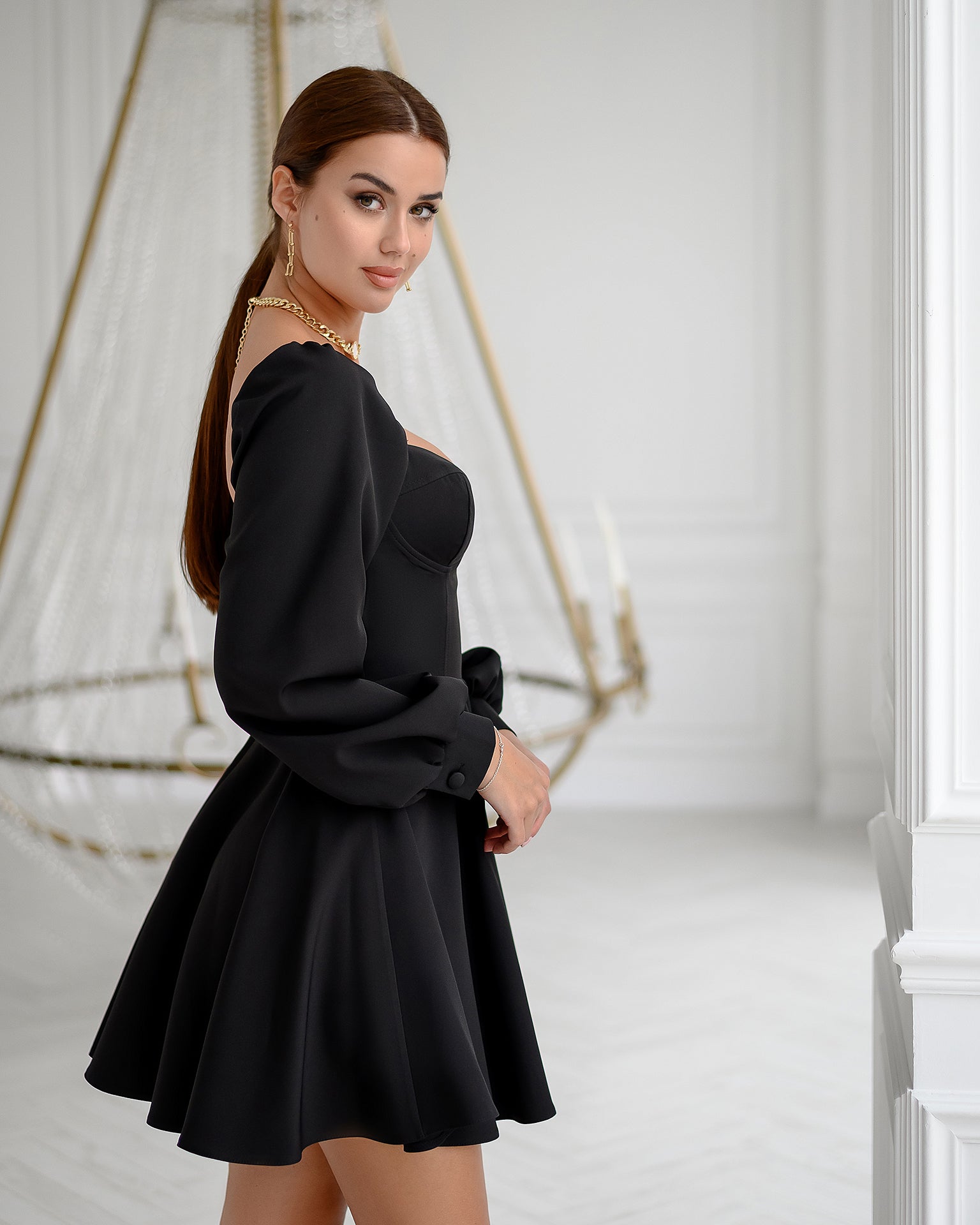 Black Backless Puff Sleeve Mini Dress