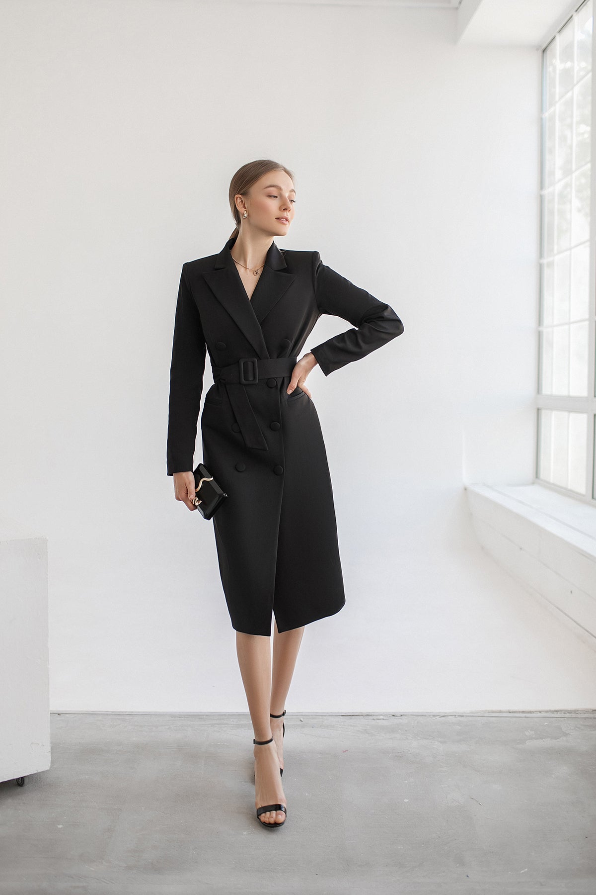 Black Belted Double Breasted Blazer Dress