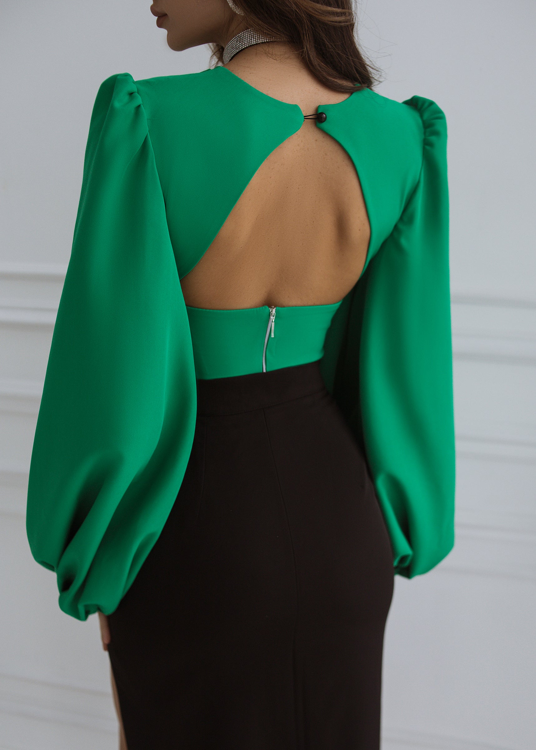 Green Puff Sleeve V-neck Blouse
