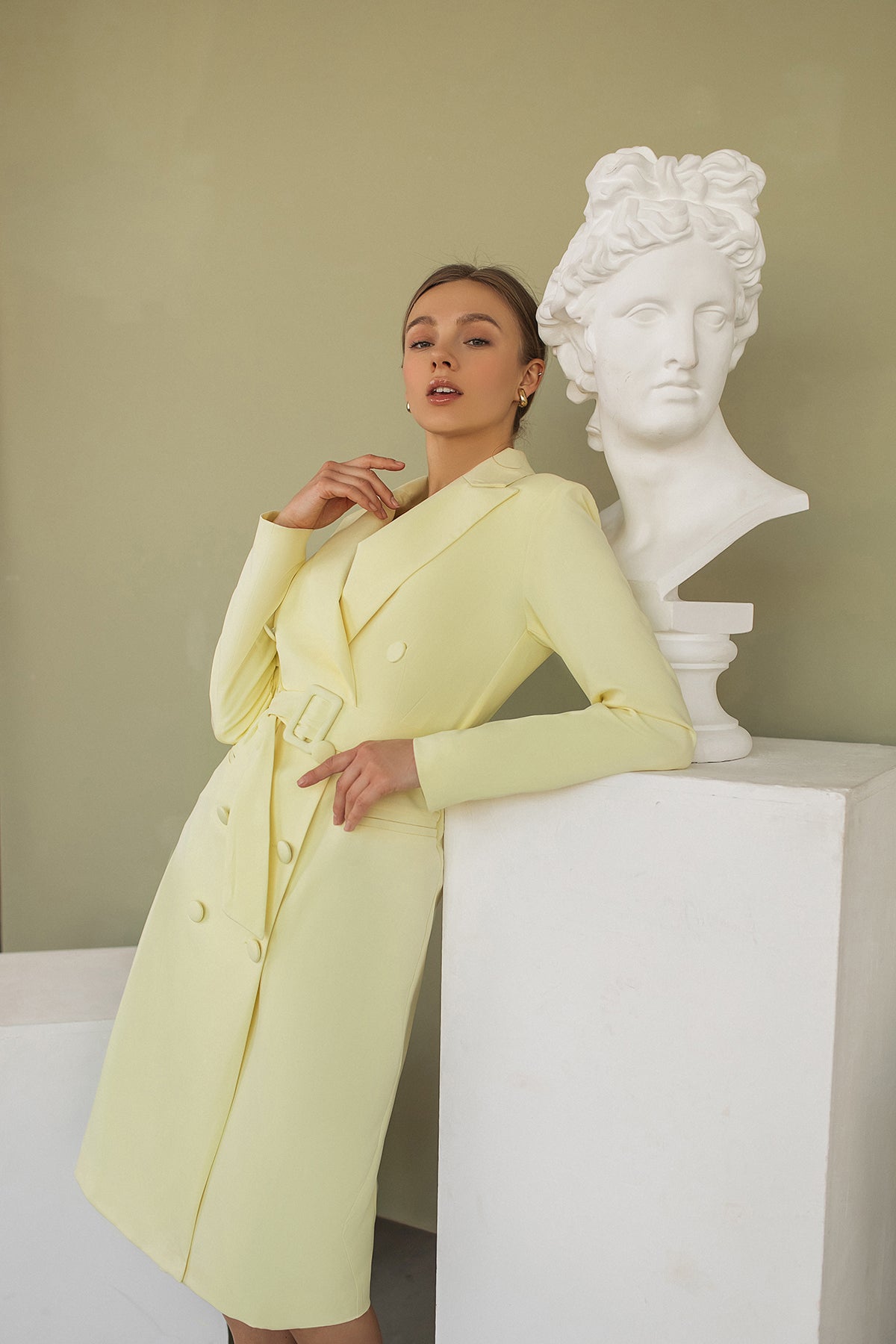 Yellow Belted Double Breasted Blazer Dress
