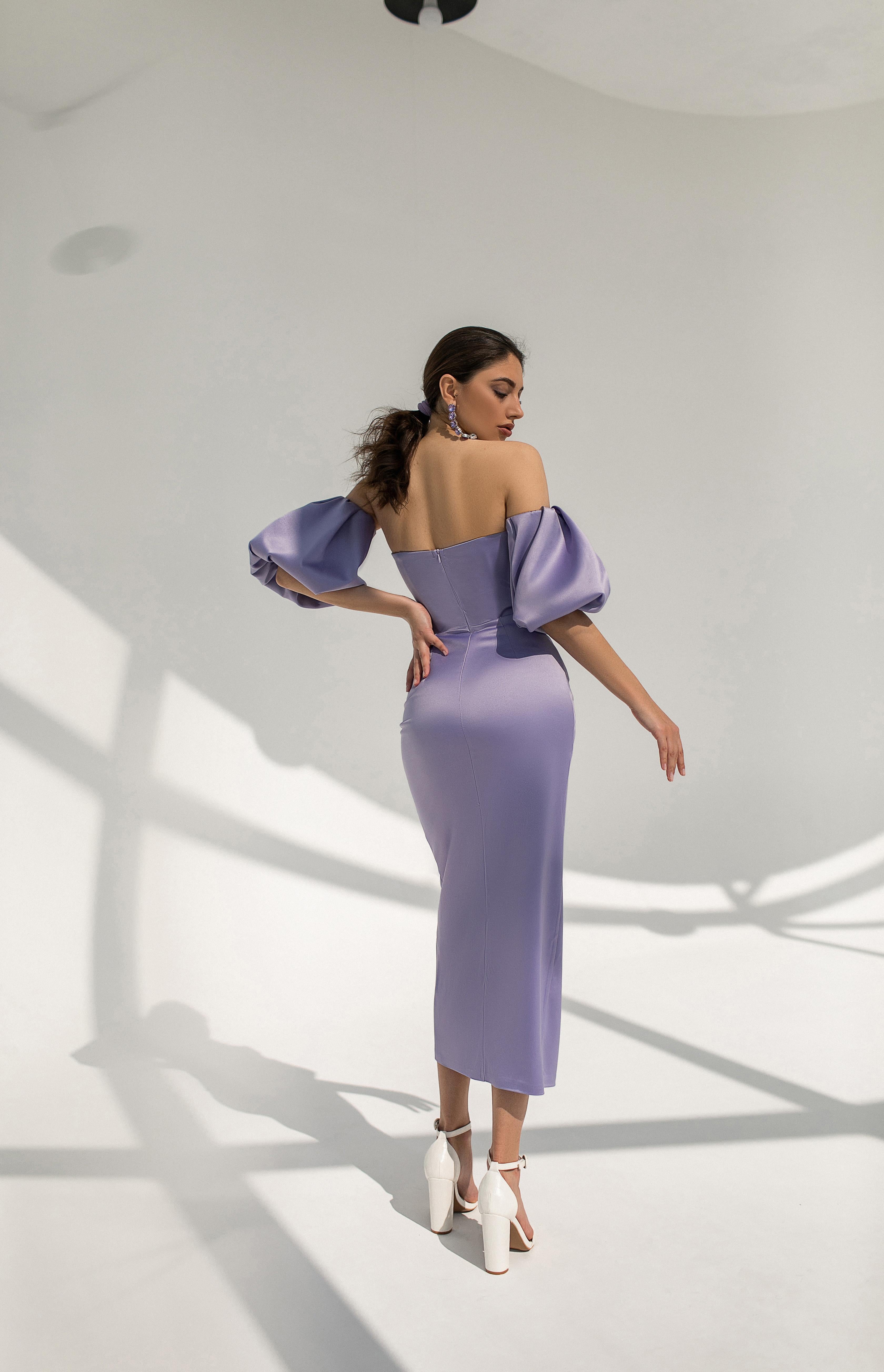 Lavender Satin Puff-Sleeve Midi Dress