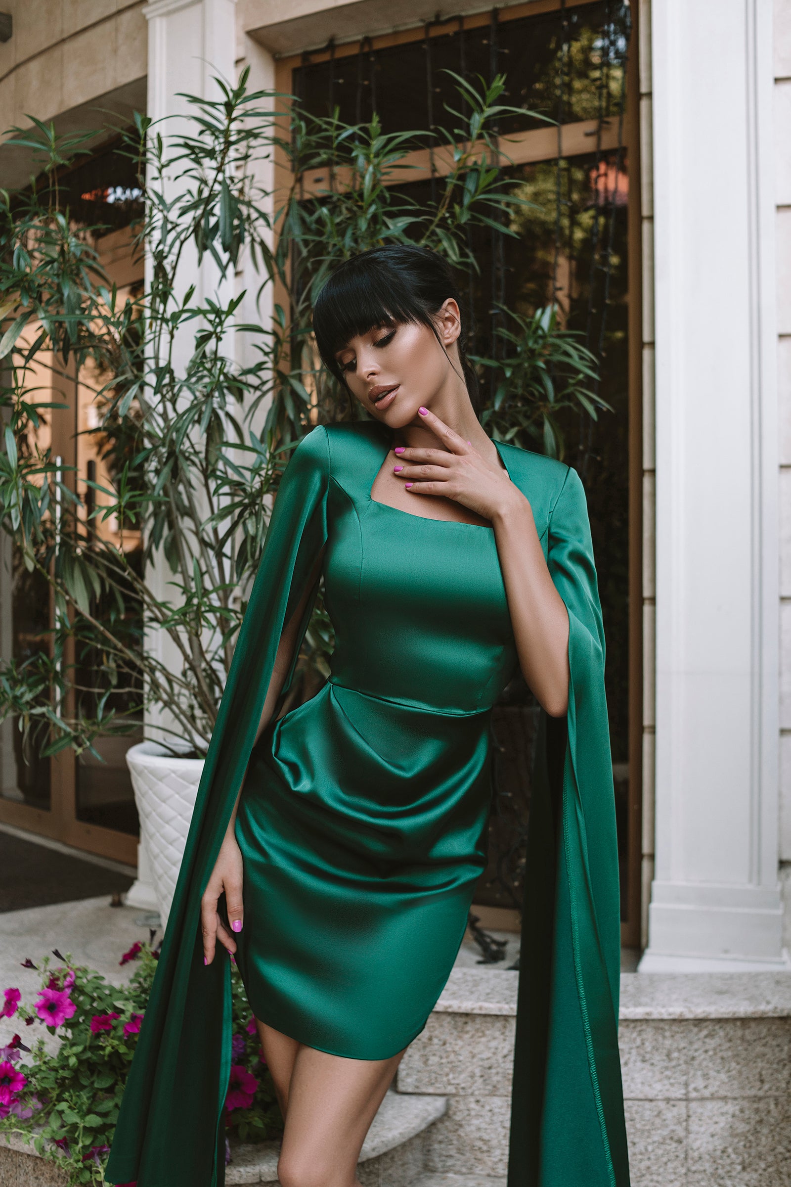 Emerald Satin Cloak Sleeve Mini Dress