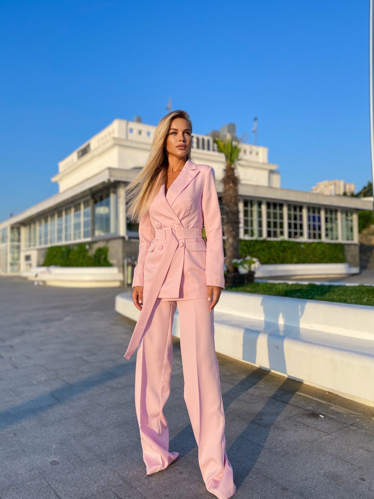 Pink Belted Double Breasted Suit 2-Piece