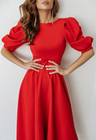 Red Backless Puff-Sleeve Midi Dress