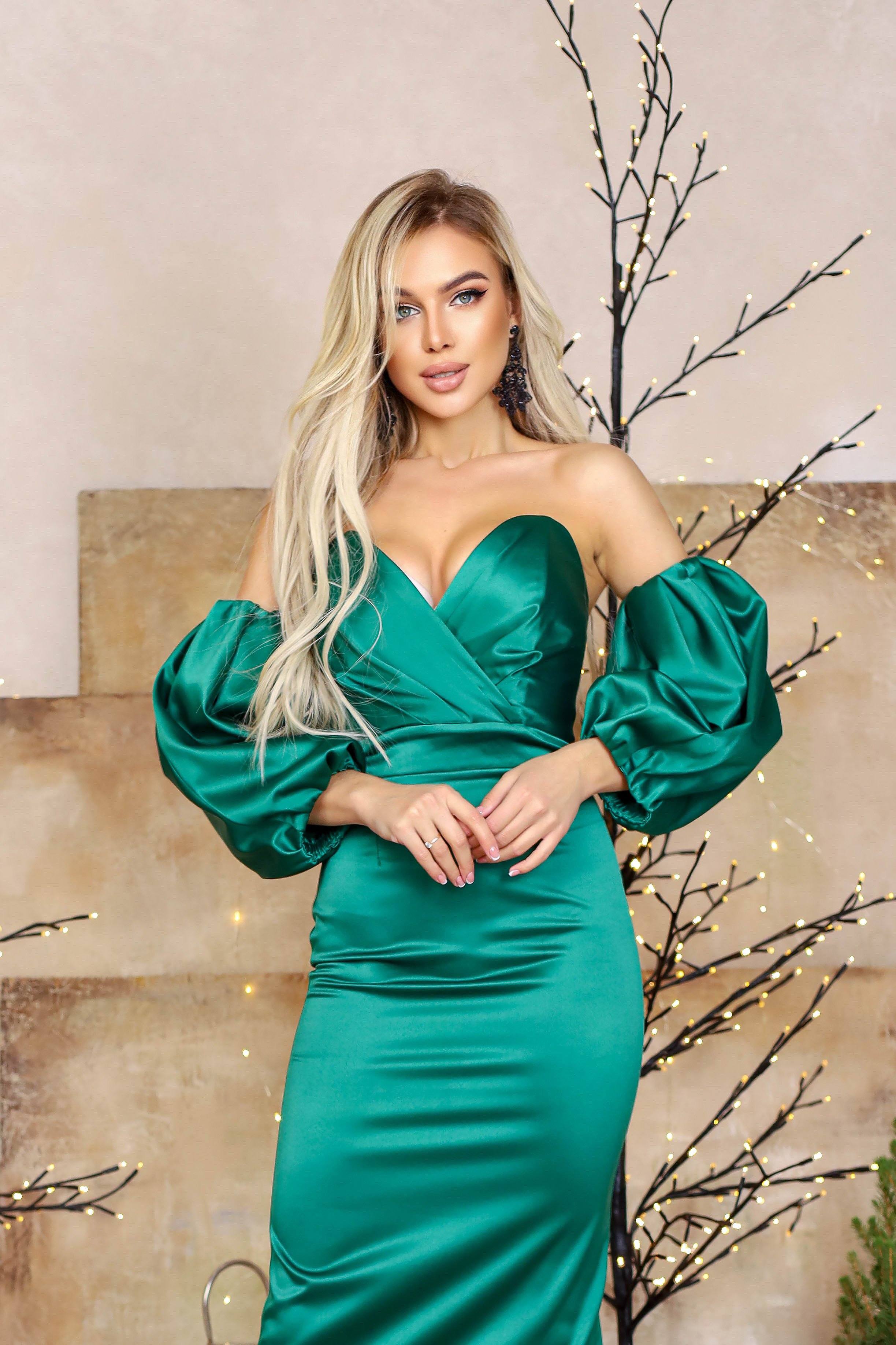 Emerald Puffed Sleeve Midi Prom Dress