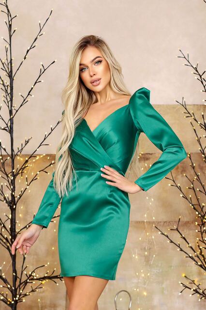 Emerald Satin Long Sleeve Mini Dress