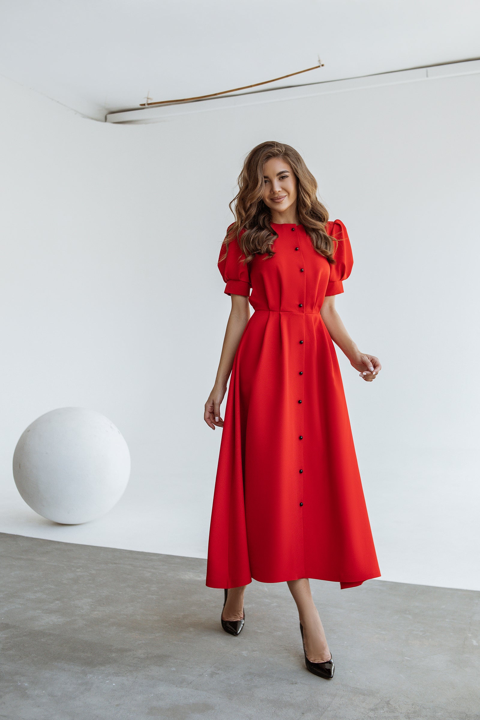 Red Buttoned Puff-Sleeve Midi Dress