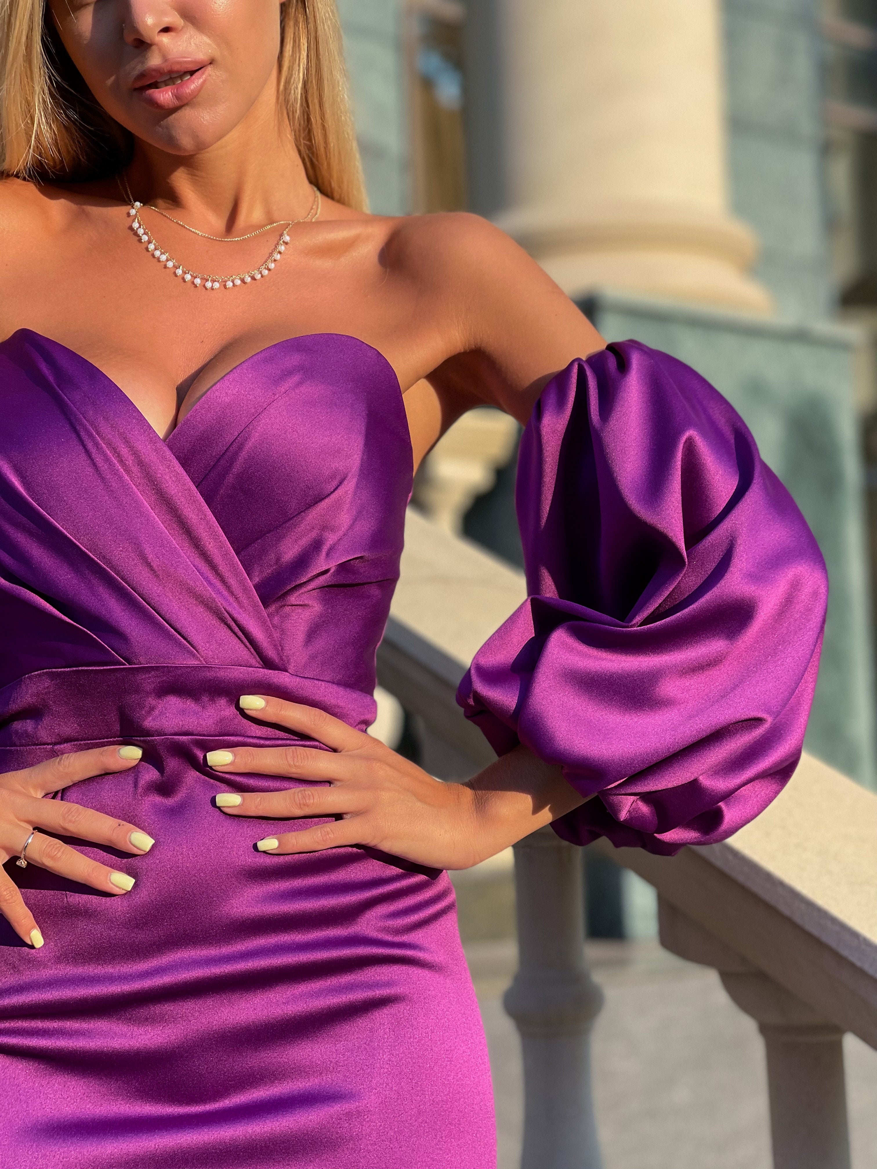 Purple Puffed Sleeve Midi Dress