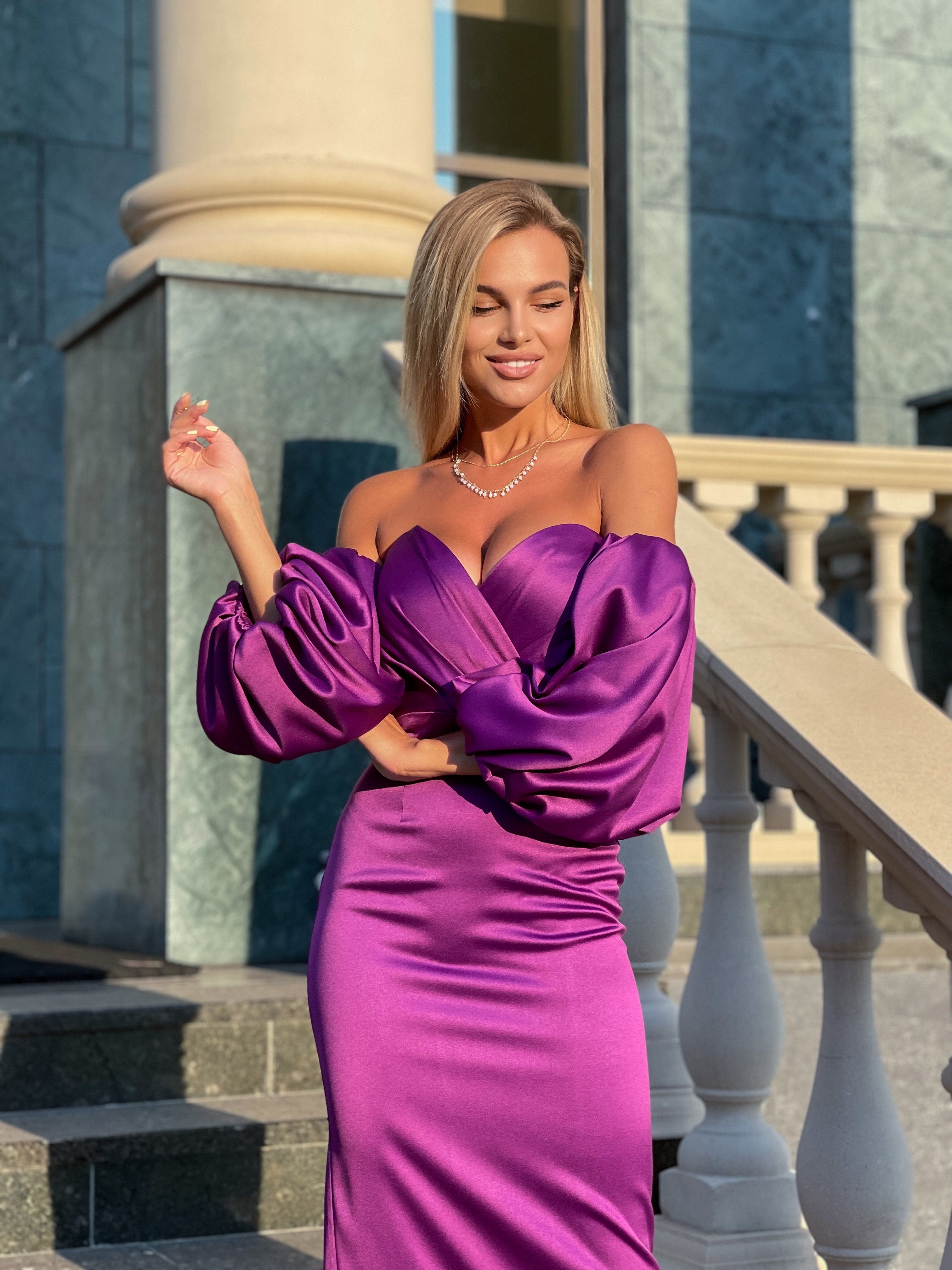 Purple Puffed Sleeve Midi Dress