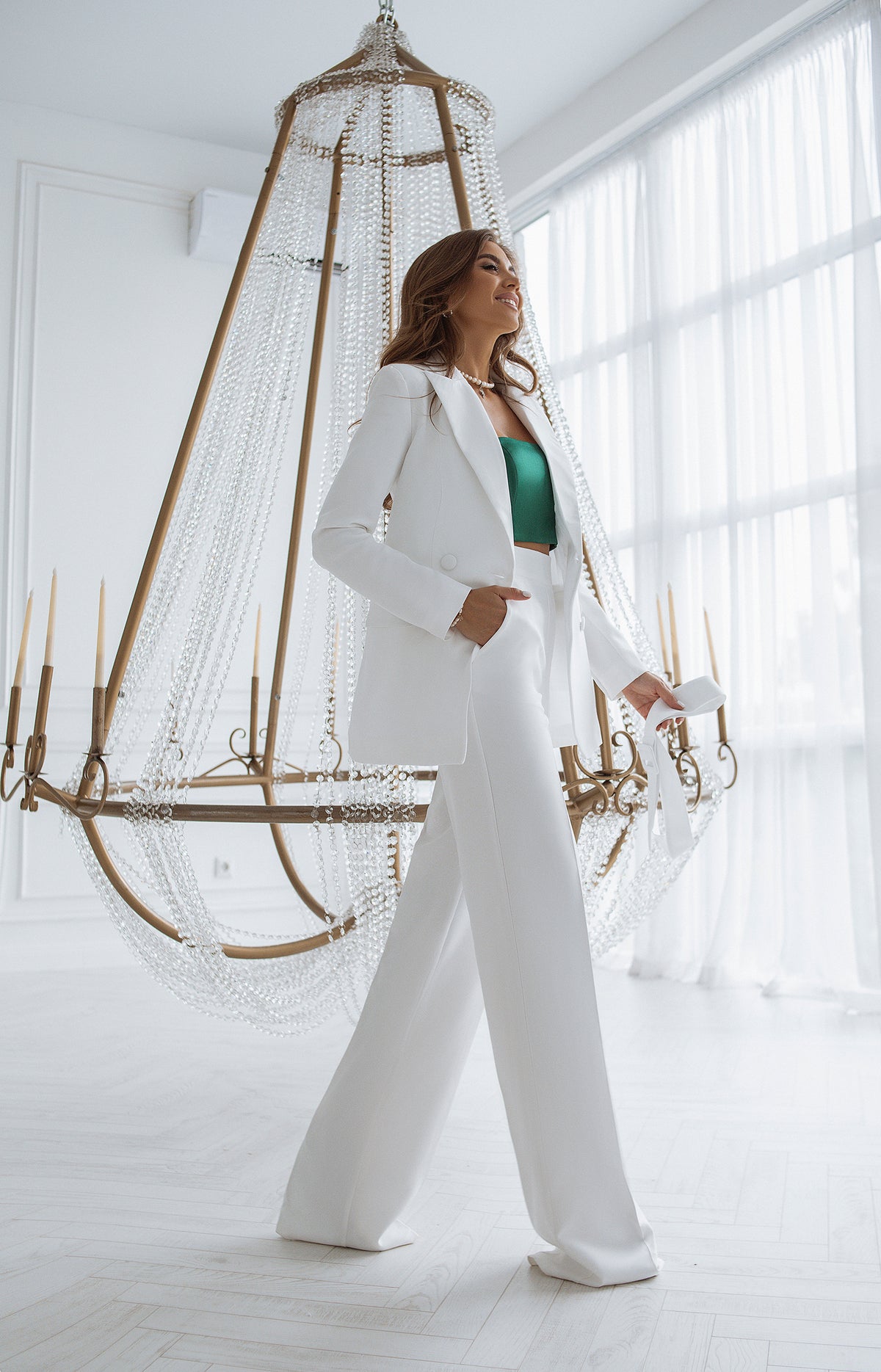 Victoria | Elegant White Suit with Double-Breasted Blazer and Pleated Skirt - Lumina main image 1