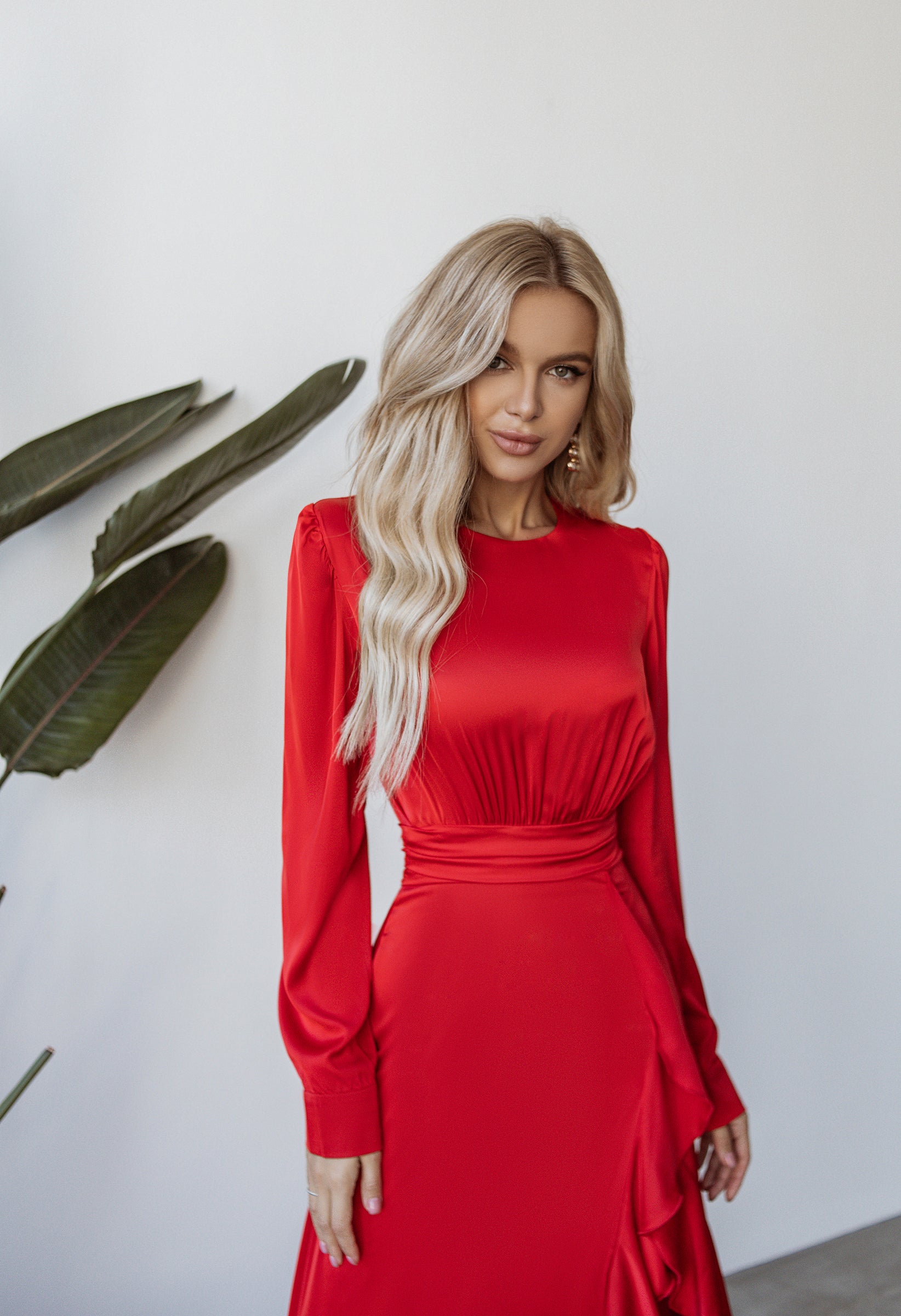 Red Thigh-Slit Maxi Dress