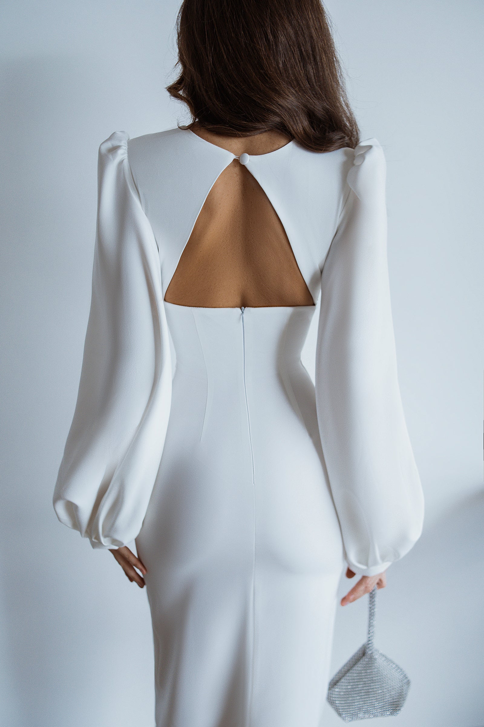 Ivory Backless Puff Sleeve Midi Dress
