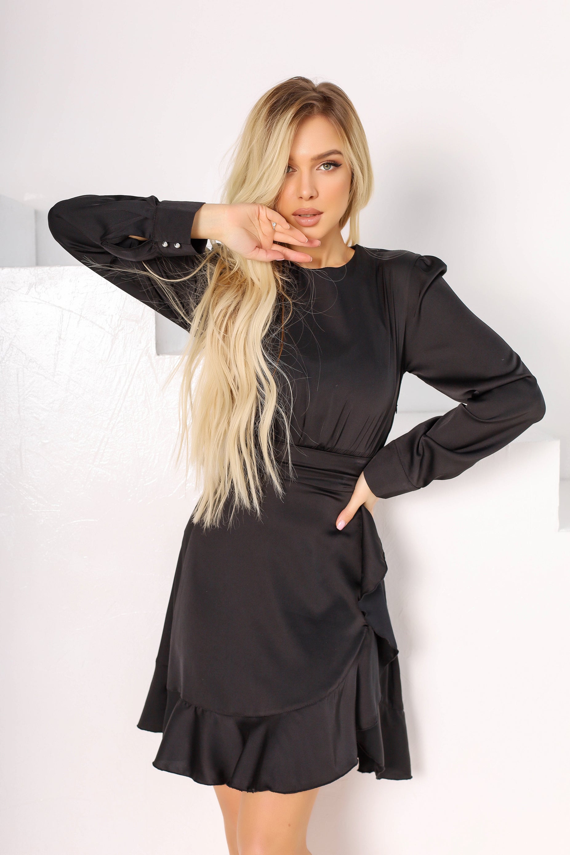 Black Silk Thigh-Slit Mini Dress