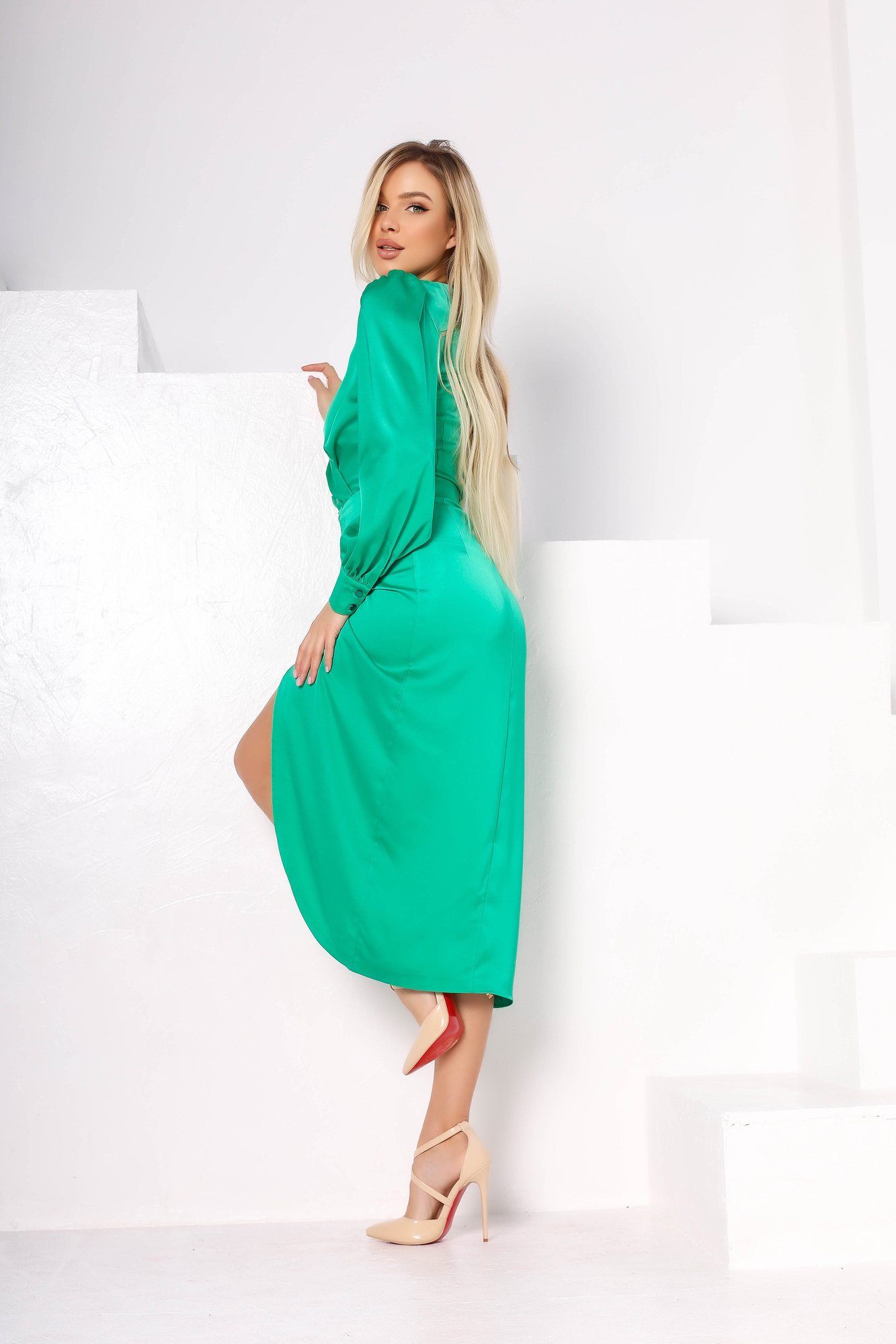 Green Wrap Long Sleeve Midi Dress
