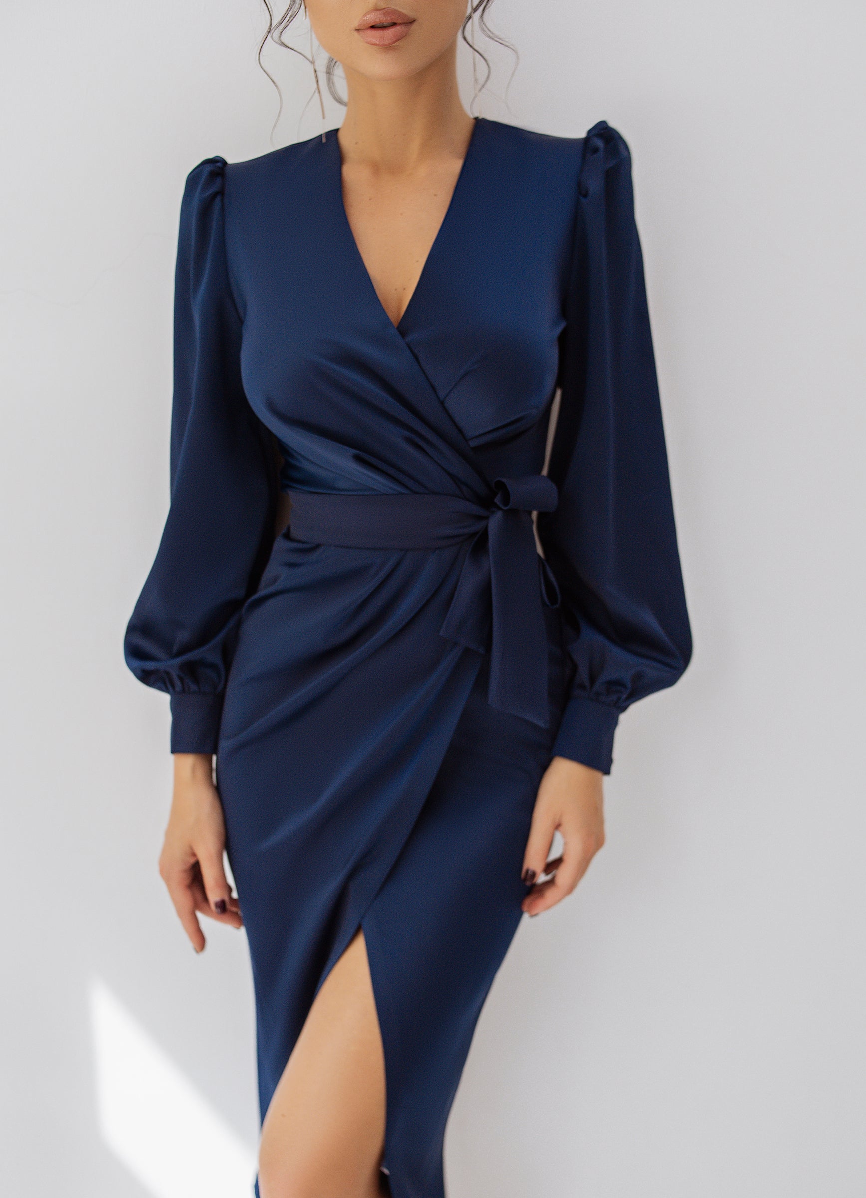 ELAGIA MONTE Navy Wrap Long Sleeve Midi Dress Blue S