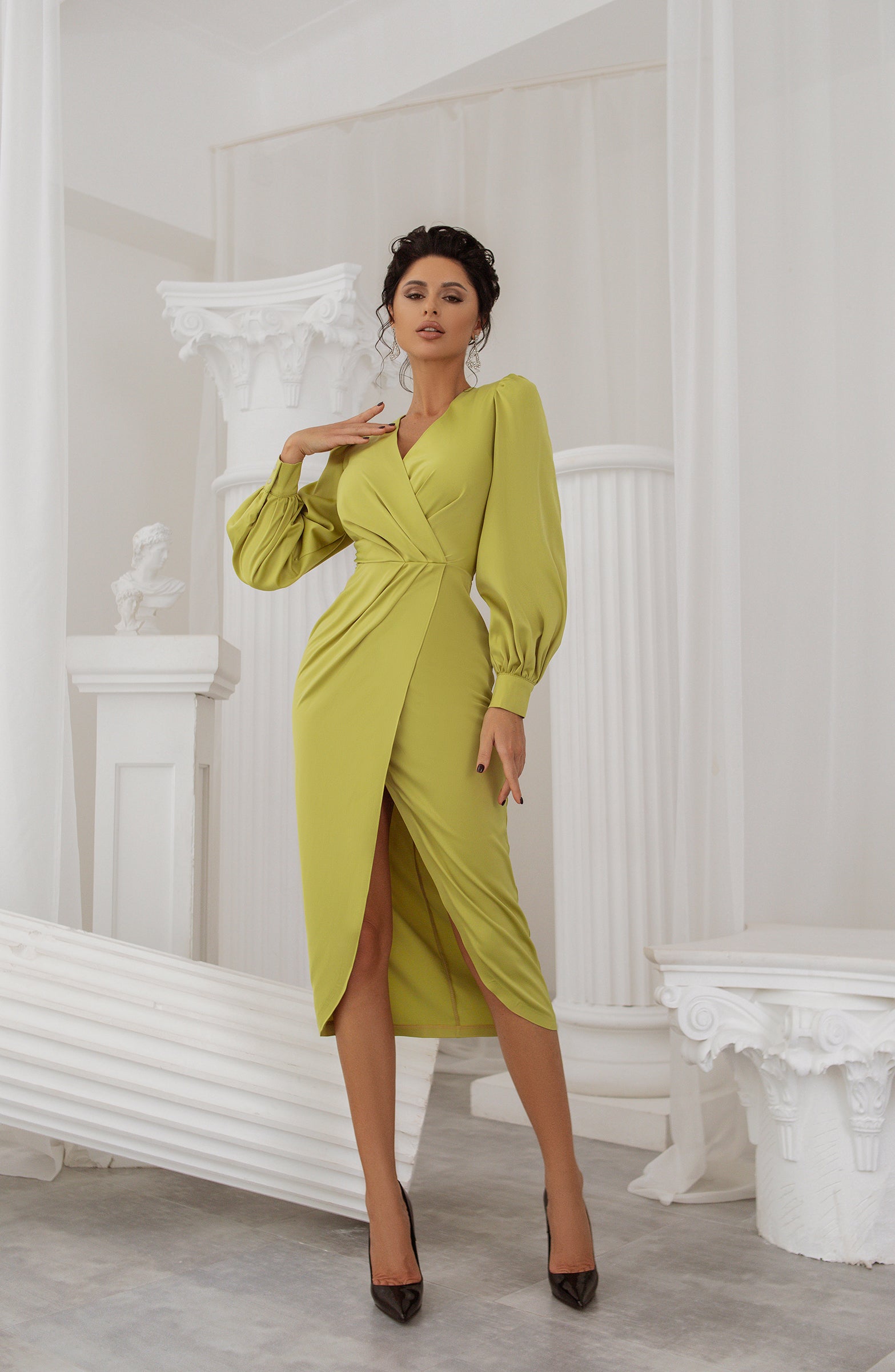 Yellow-Green Wrap Long Sleeve Midi Dress