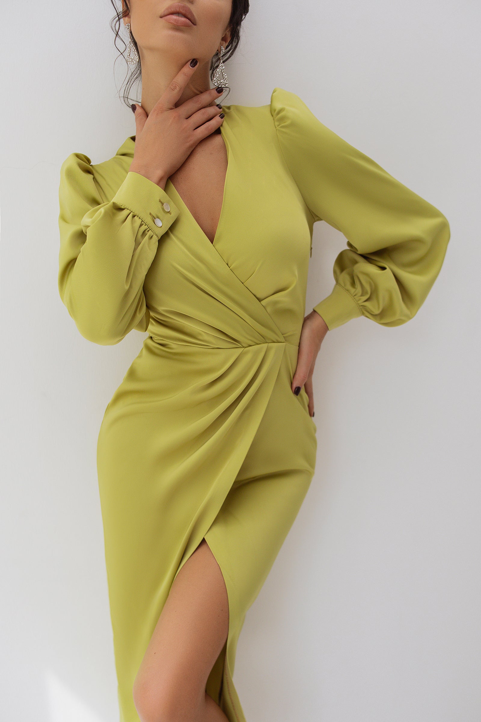 Yellow-Green Wrap Long Sleeve Midi Dress