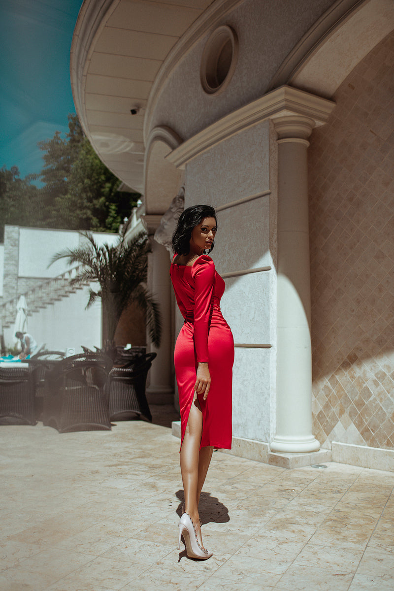 Red Long Sleeve Midi Dress