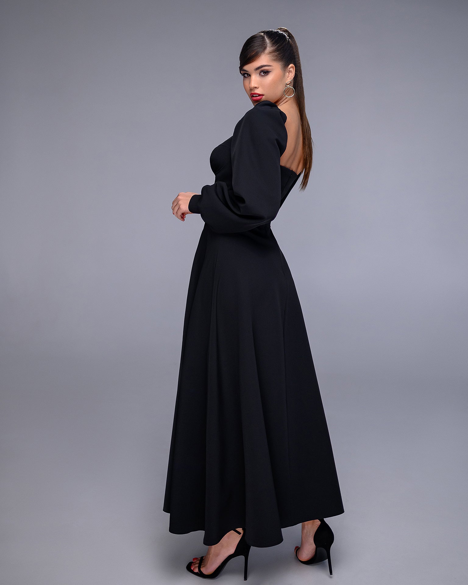 Black Puff-Sleeve Midi Dress