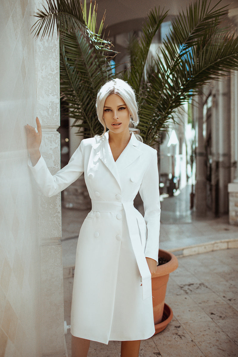 White Belted Double Breasted Blazer Dress ELAGIA