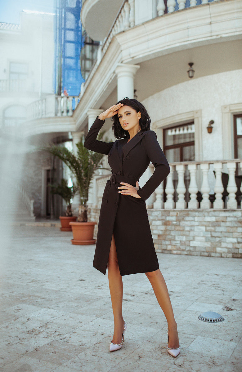 Black Belted Double Breasted Blazer Dress