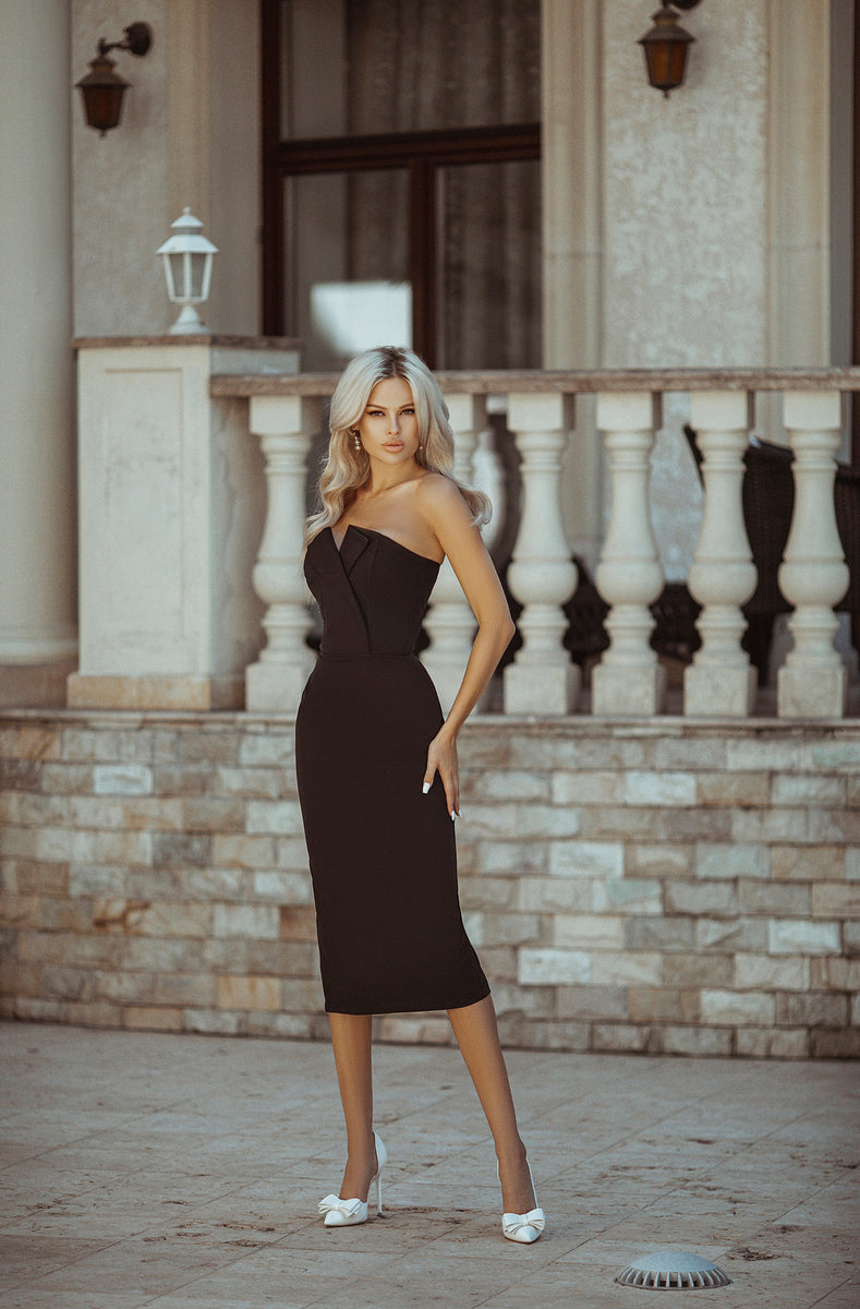 Black V-neck Cocktail Midi Dress