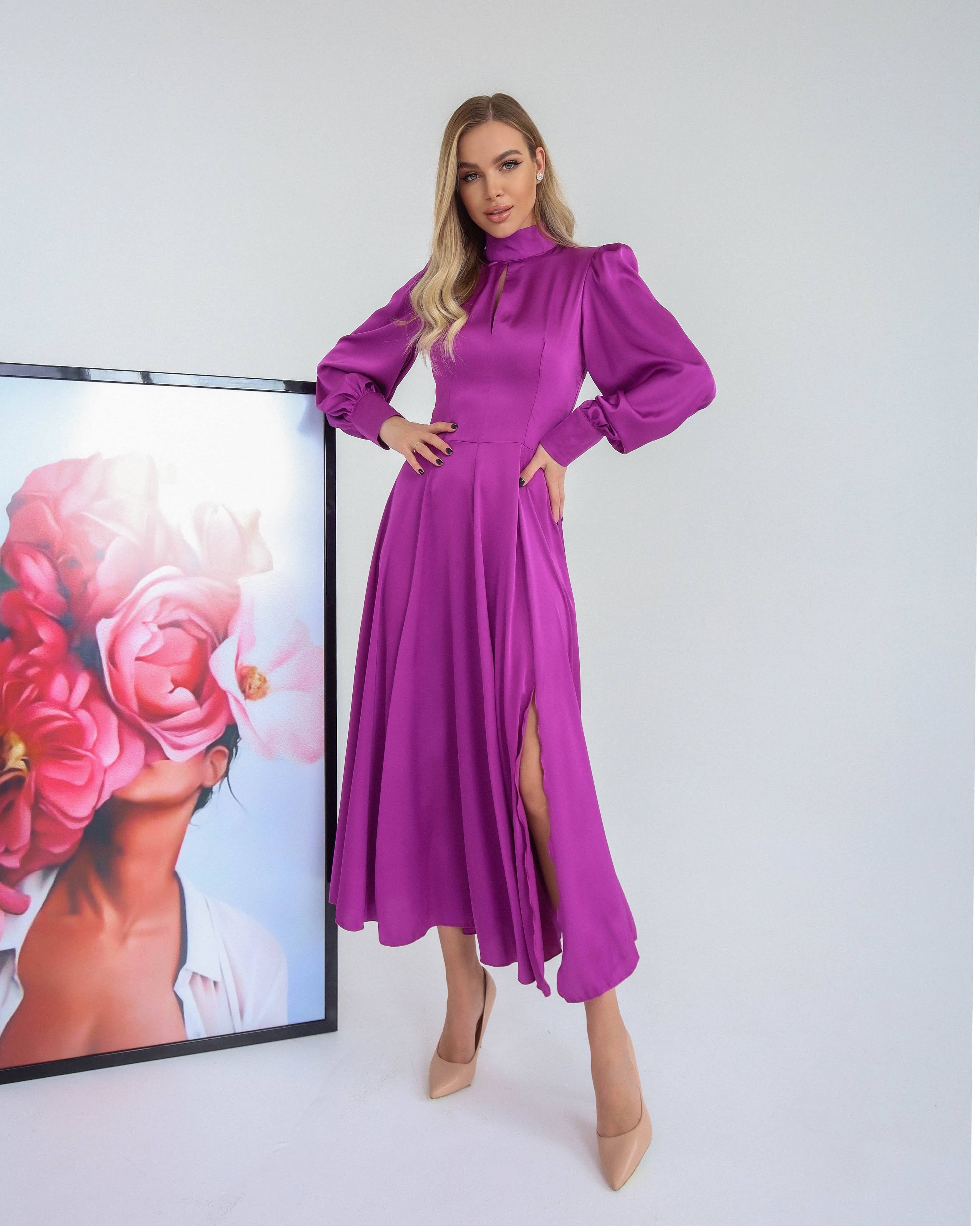 Fuchsia Silk Long Sleeve Maxi Dress